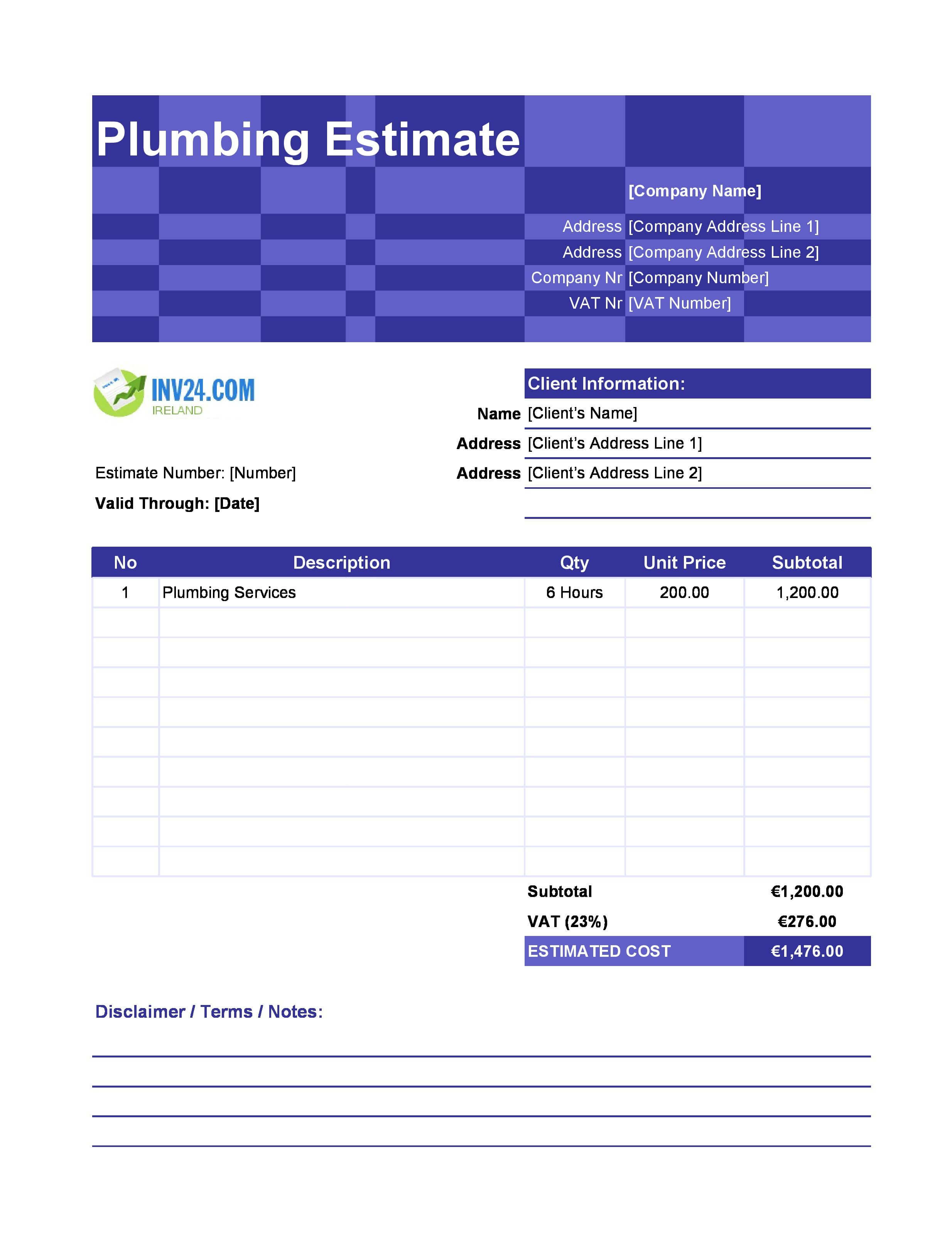 Plumbing Estimate Template for Ireland (Excel / Google Sheets)