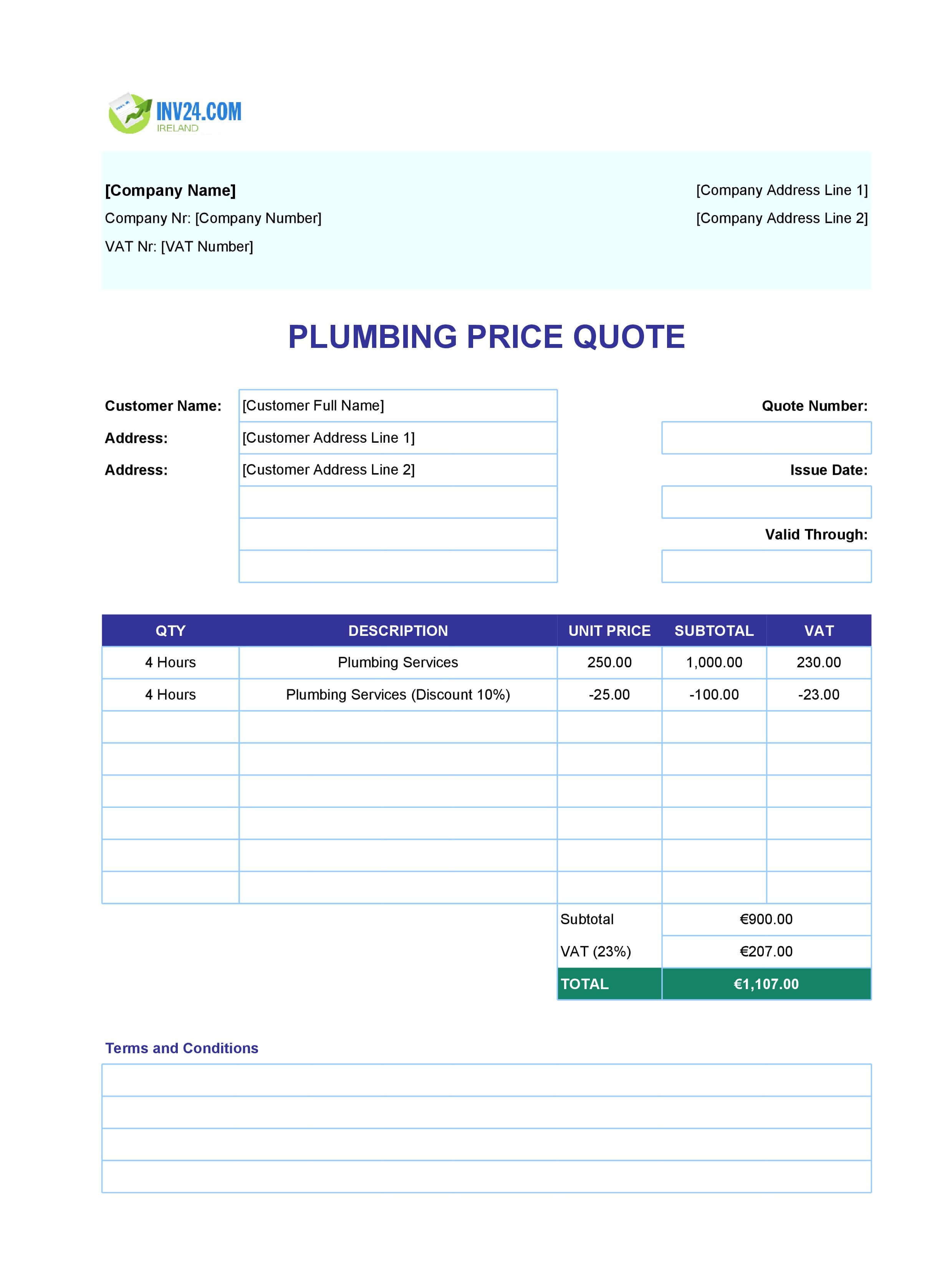 Plumbing Quote Template for Ireland (Excel / Google Sheets)