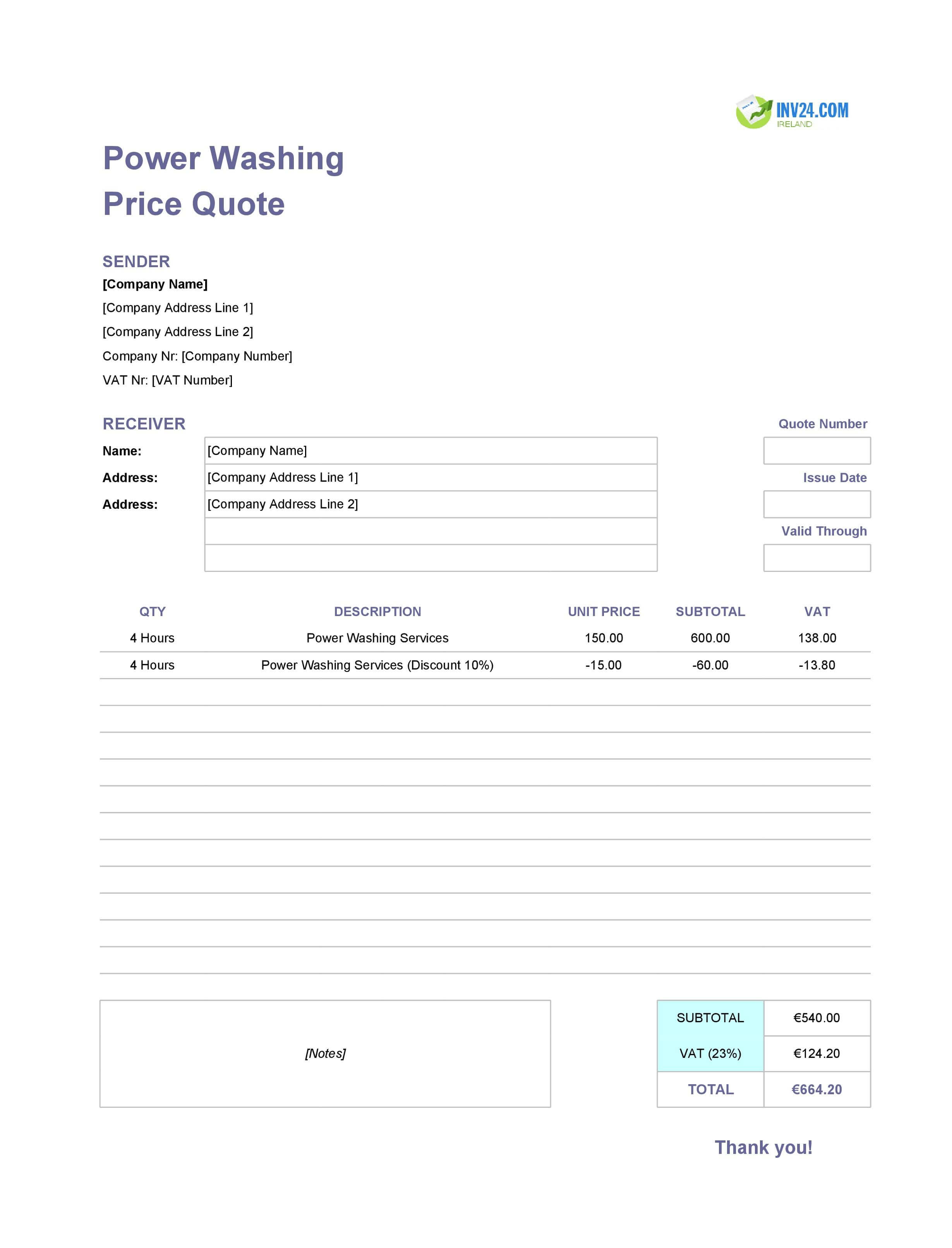 Power Washing Quote Template for Ireland (Excel / Google Sheets)