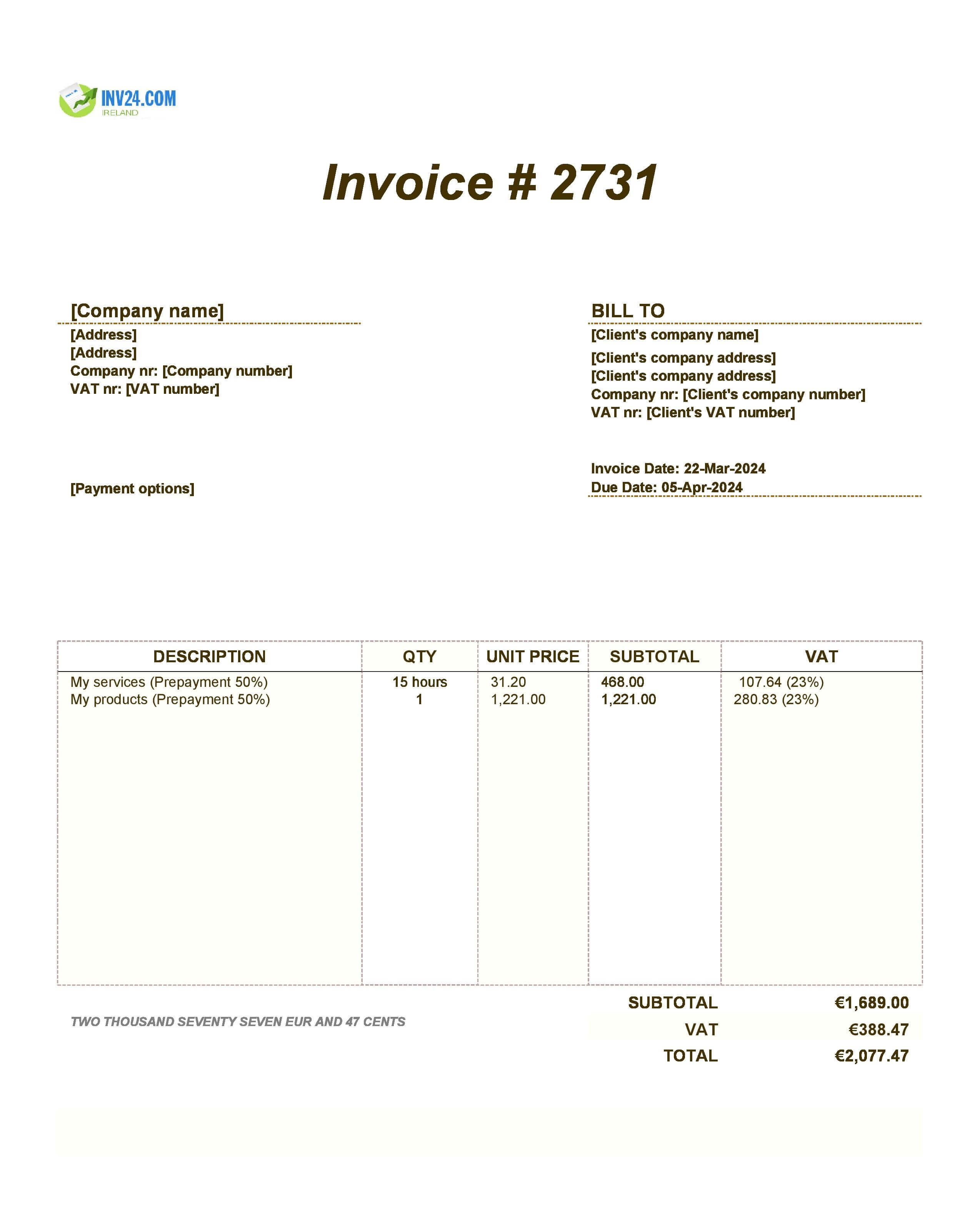 prepayment invoice example