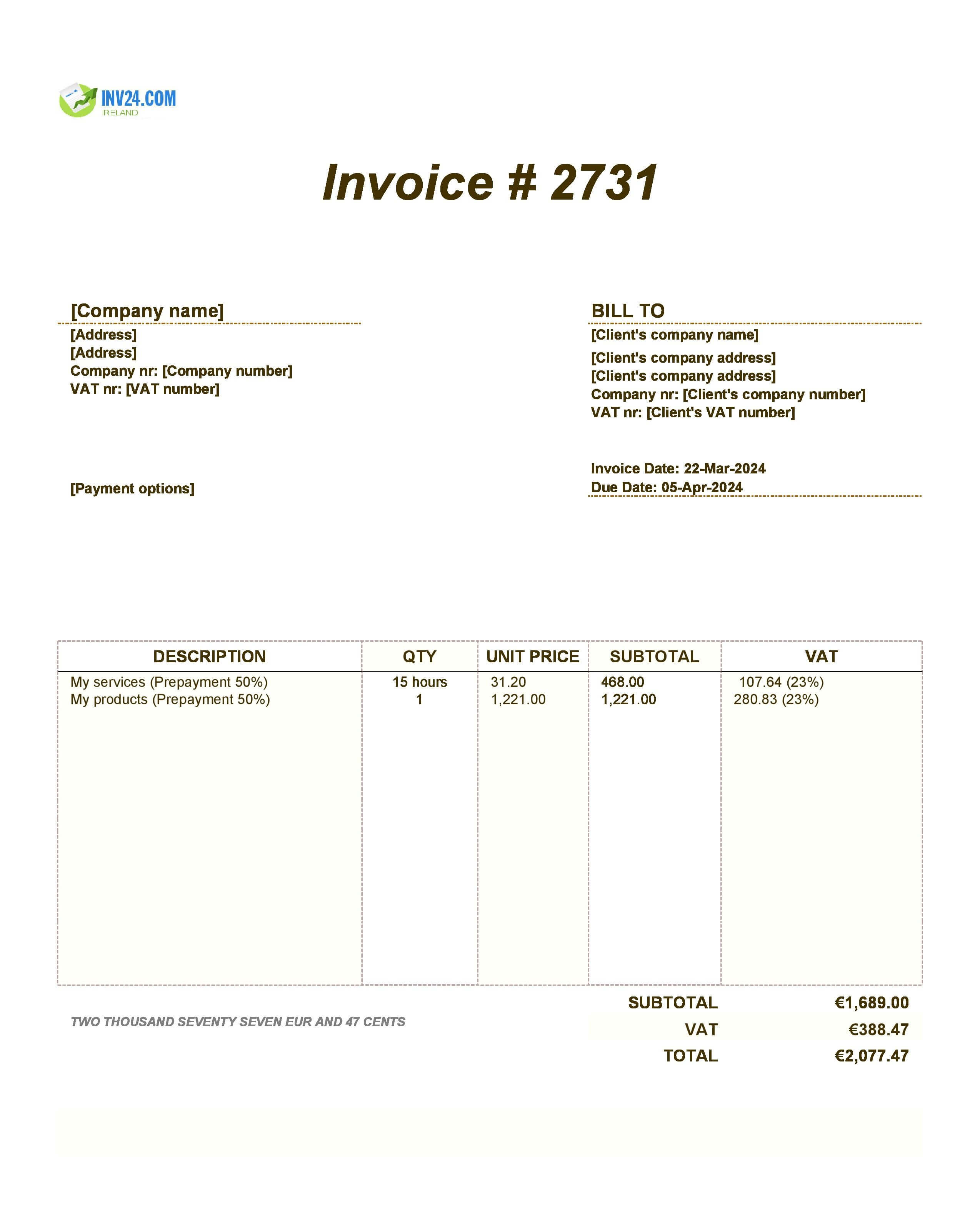 prepayment invoice template Ireland