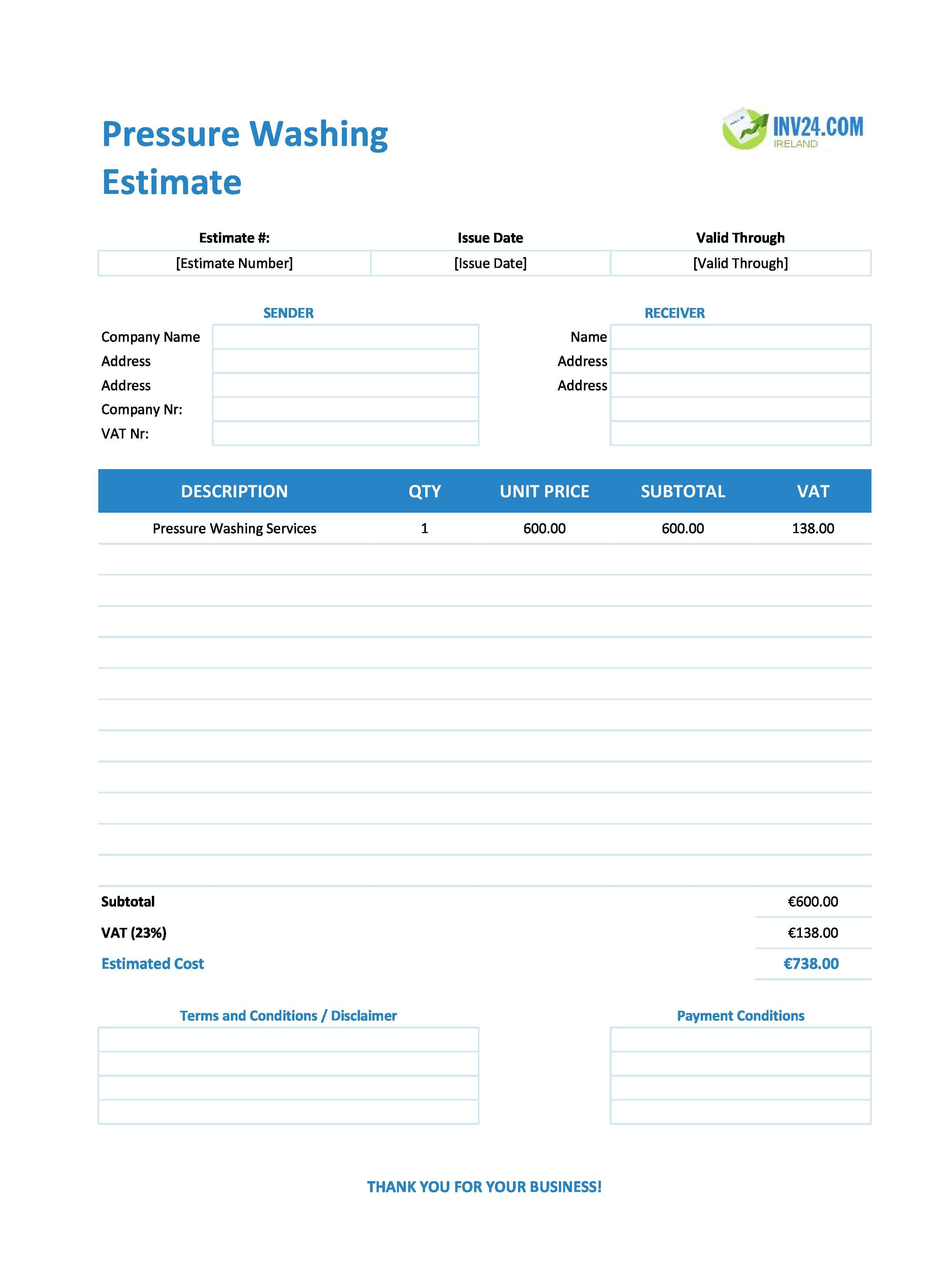 Pressure Washing Estimate Template for Ireland (Excel / Google Sheets)