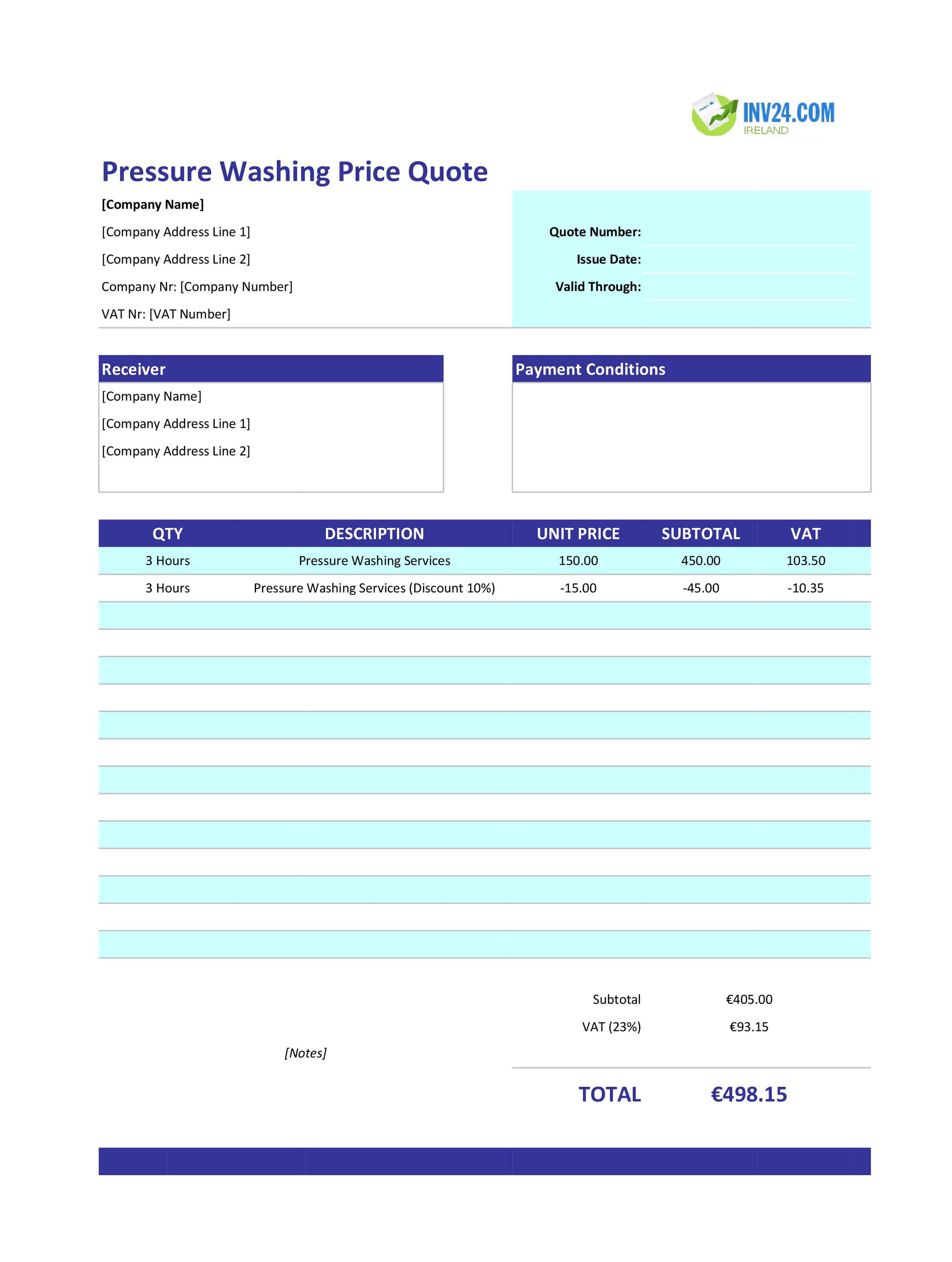 Pressure Washing Quote Template for Ireland (Excel / Google Sheets)