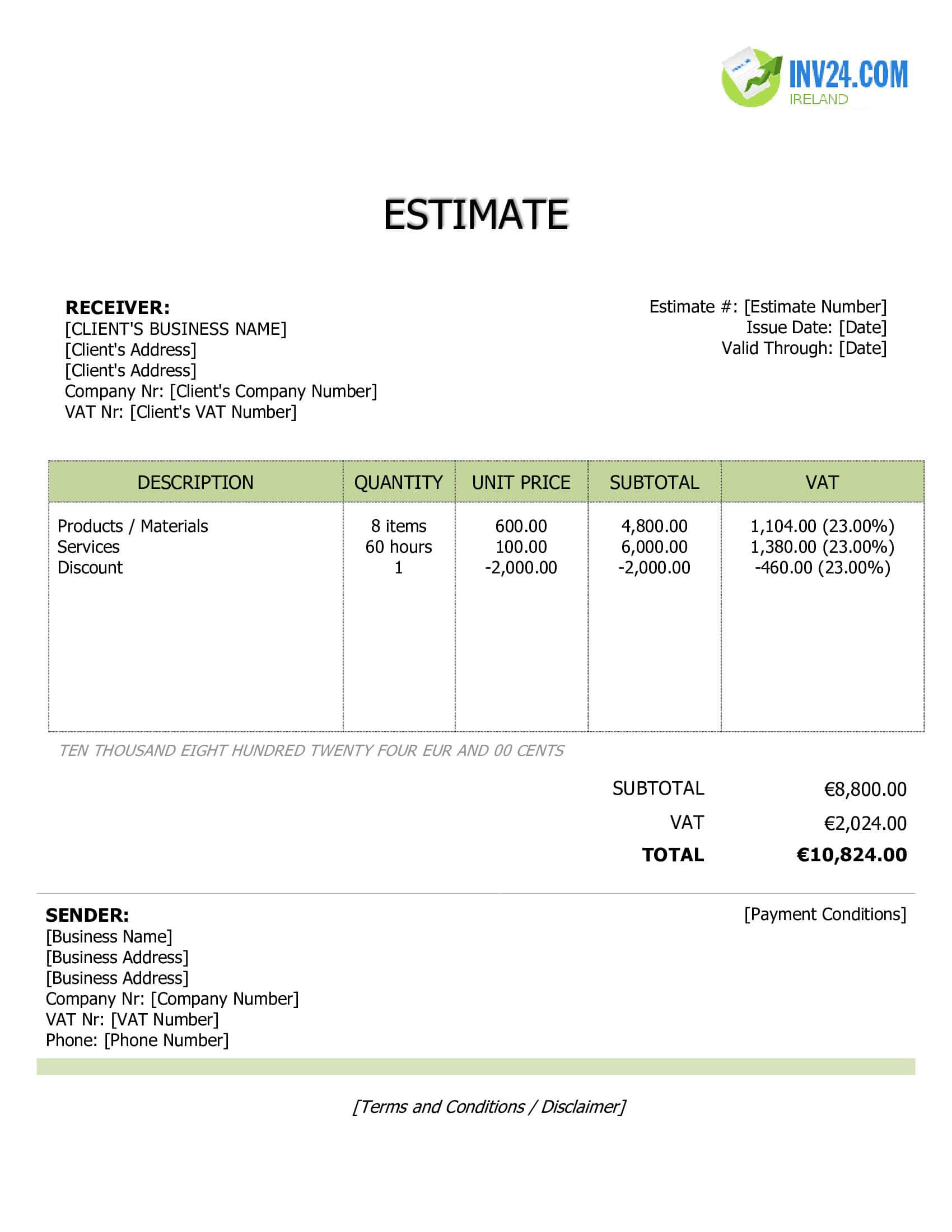 Price Estimate Template for Ireland (Word / Google Docs)