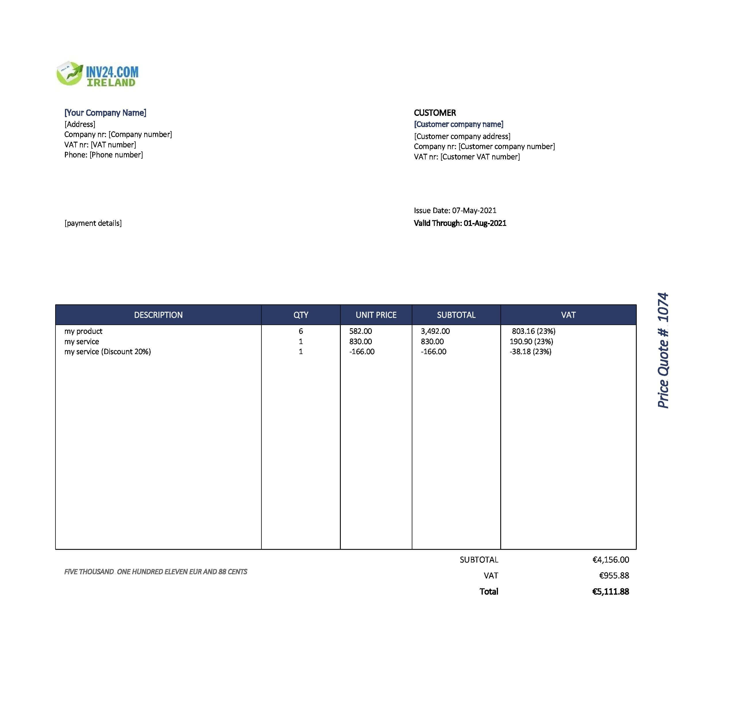 Price Quote Template Ireland (Excel / Google Sheets) Price Quote Template Ireland (Excel / Google Sheets)