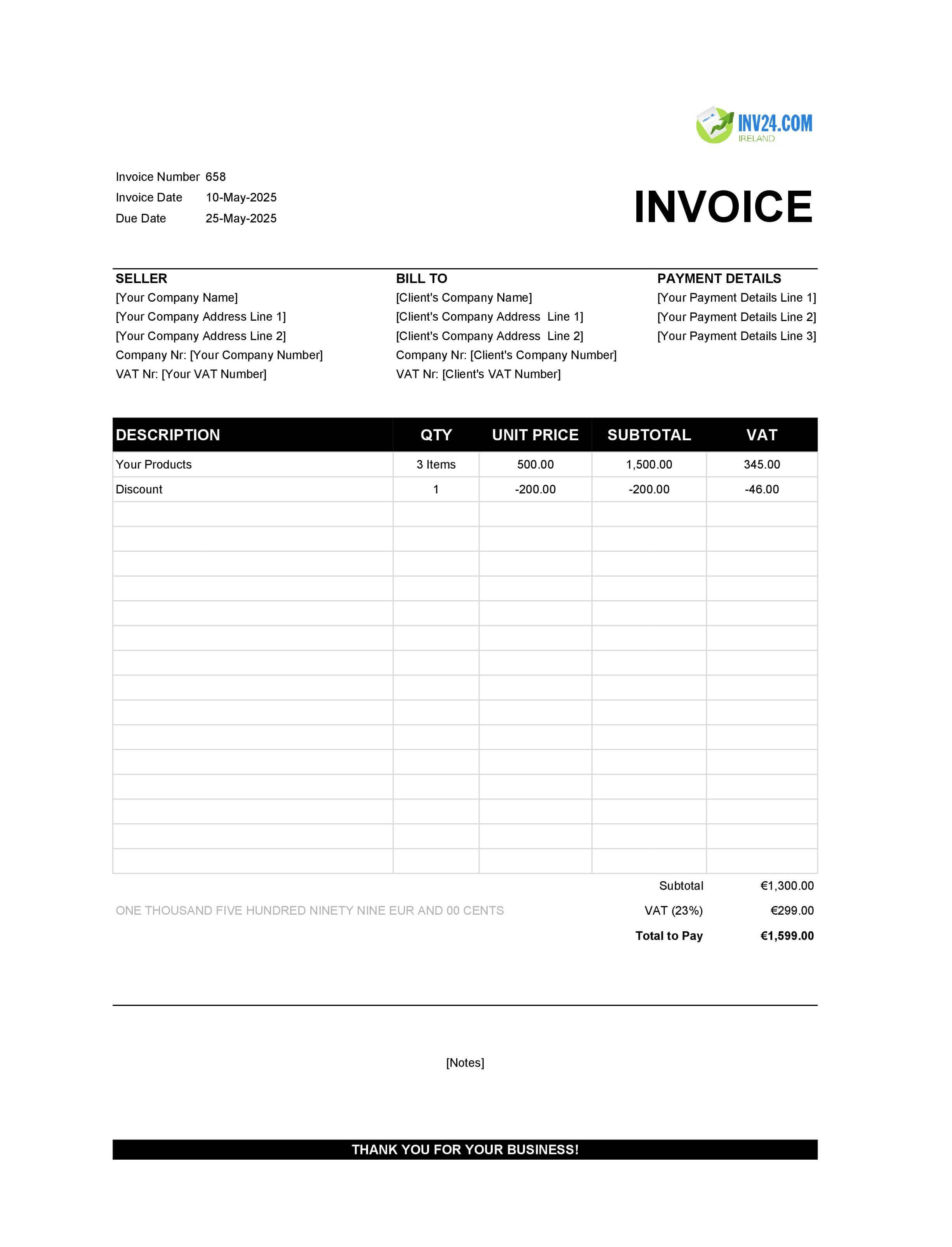 Product Invoice Template Ireland (Excel / Google Sheets)