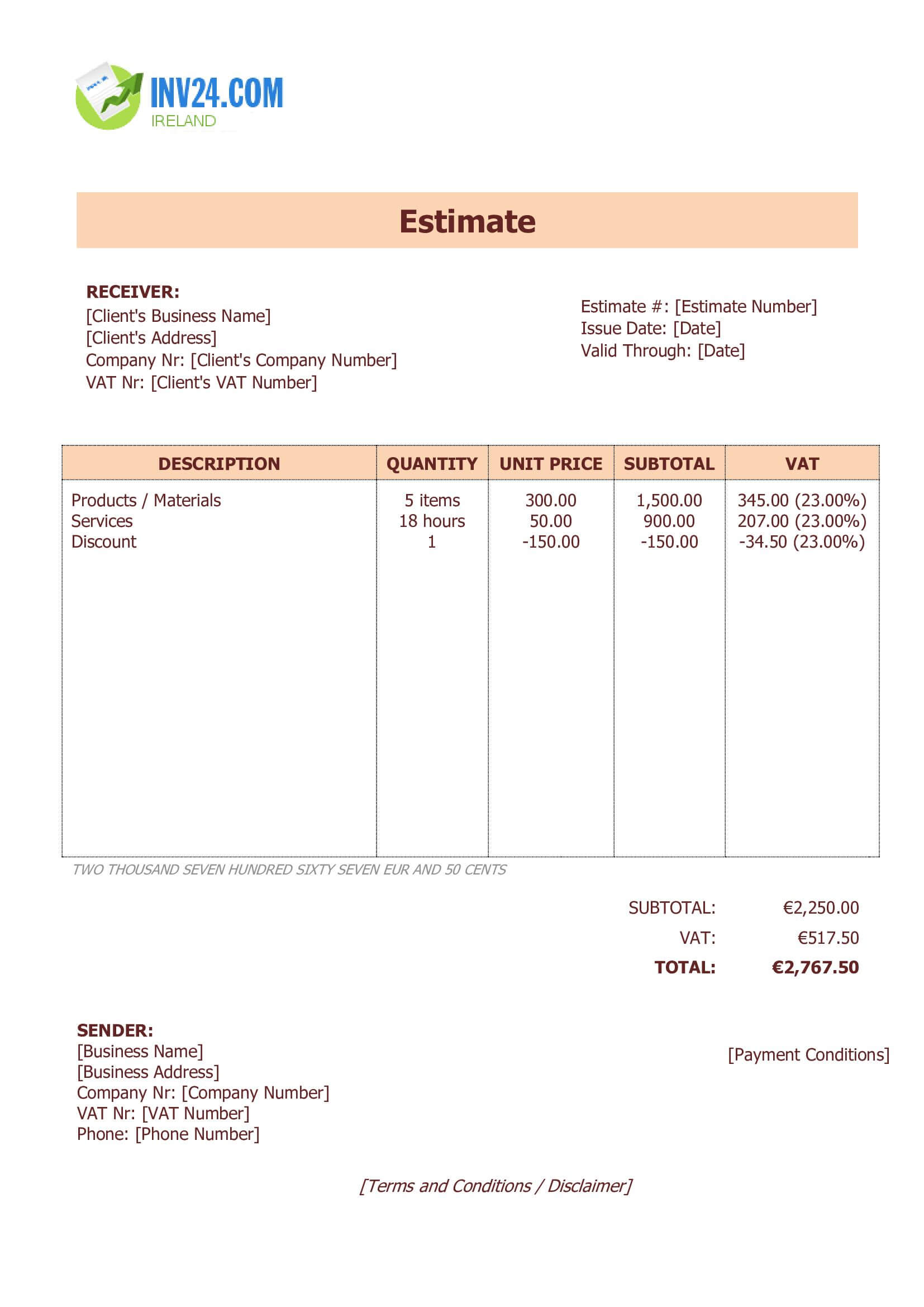 Professional Estimate Template for Ireland (Word / Google Docs)