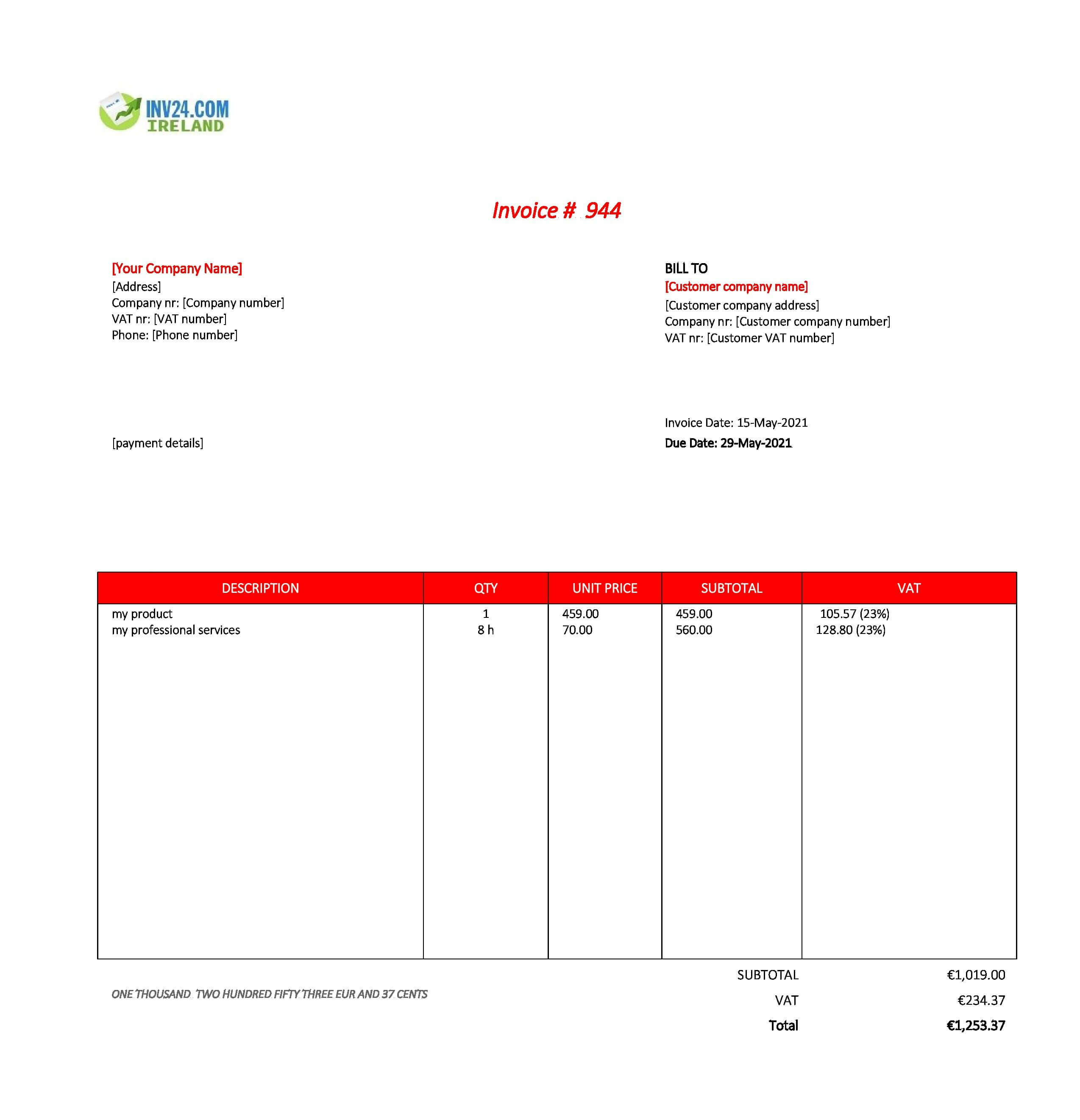 professional invoice template ireland