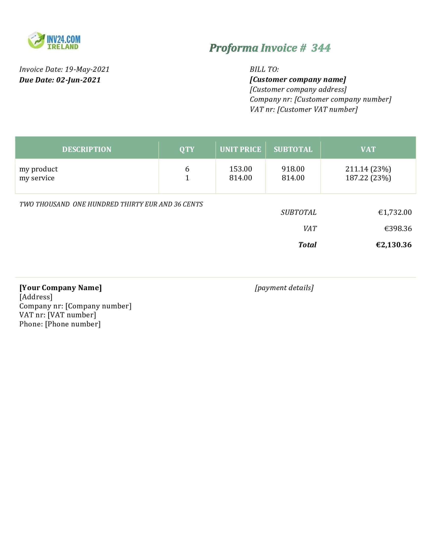 proforma invoice template ireland