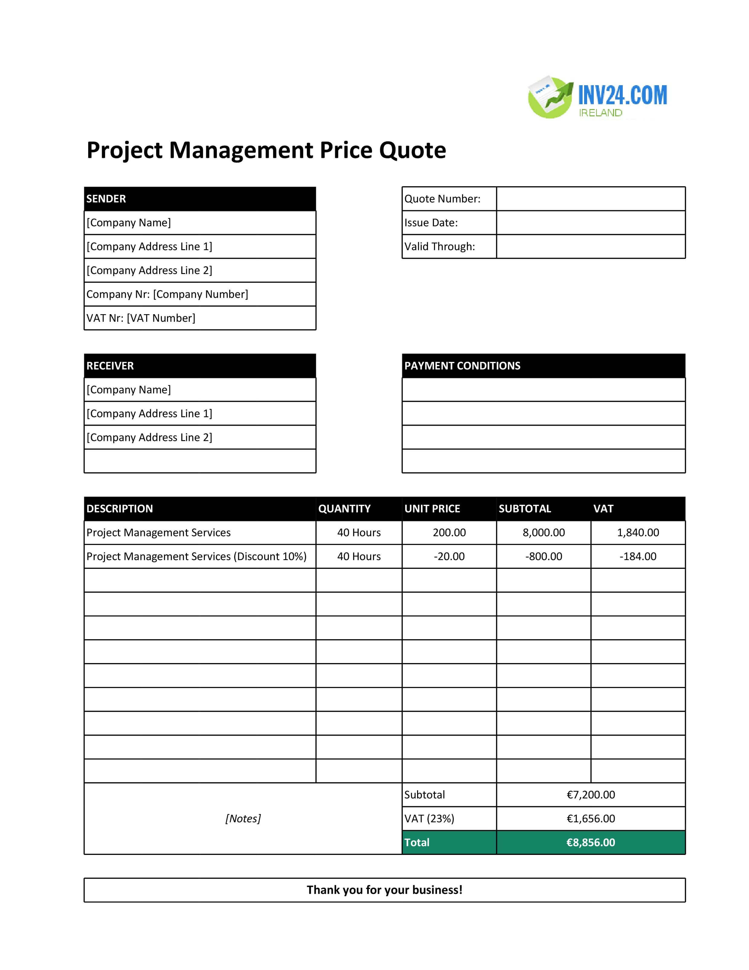 Project Management Quote Template for Ireland (Excel / Google Sheets)