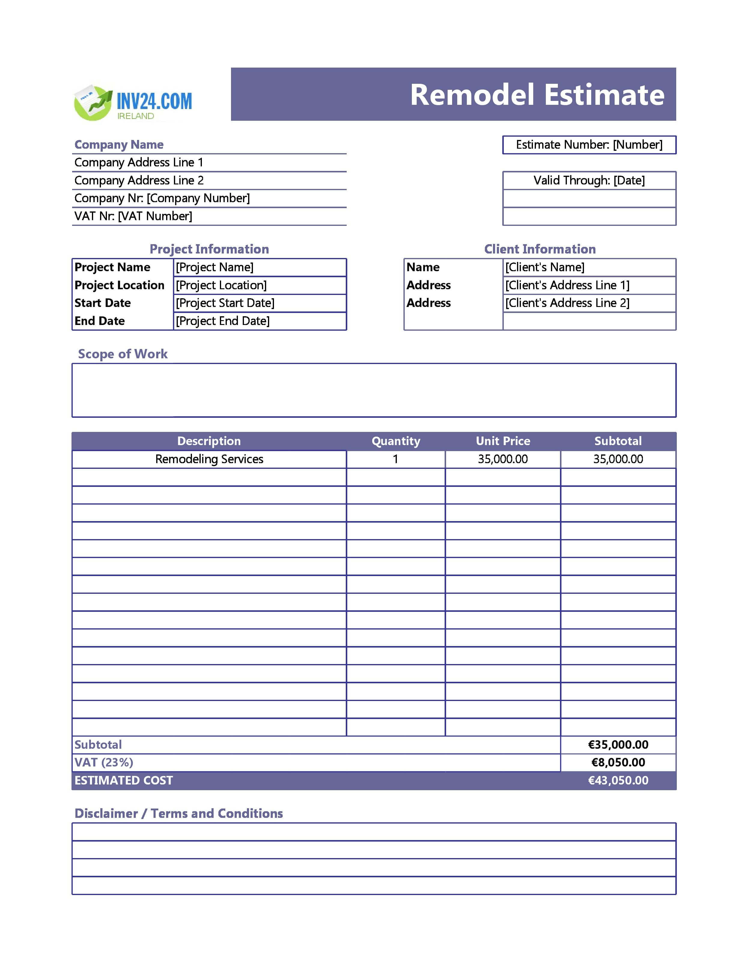 Remodel Estimate Template for Ireland (Excel / Google Sheets)