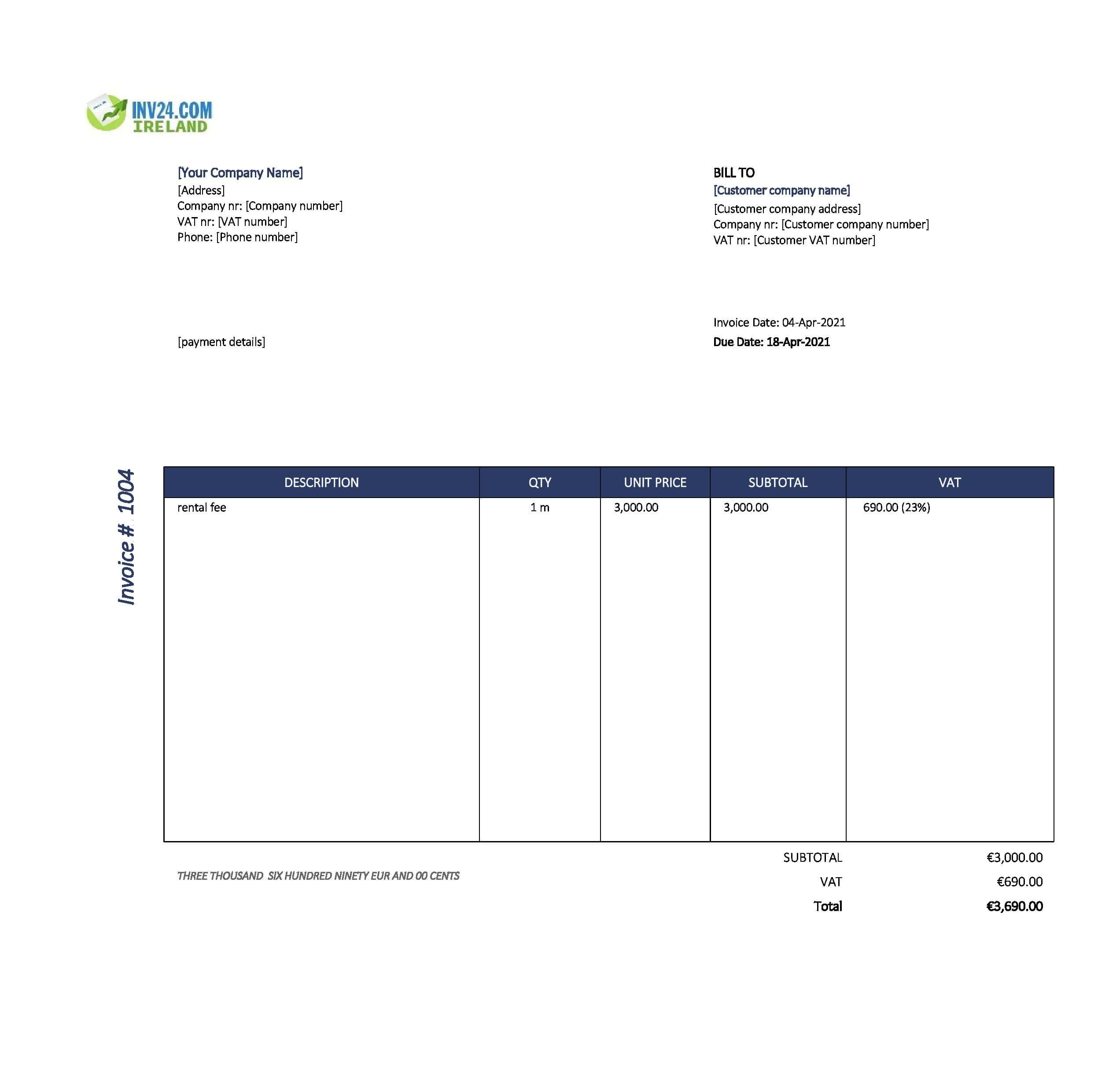 Rent Invoice Template Ireland (Excel / Google Sheets) Rent Invoice Template Ireland (Excel / Google Sheets)