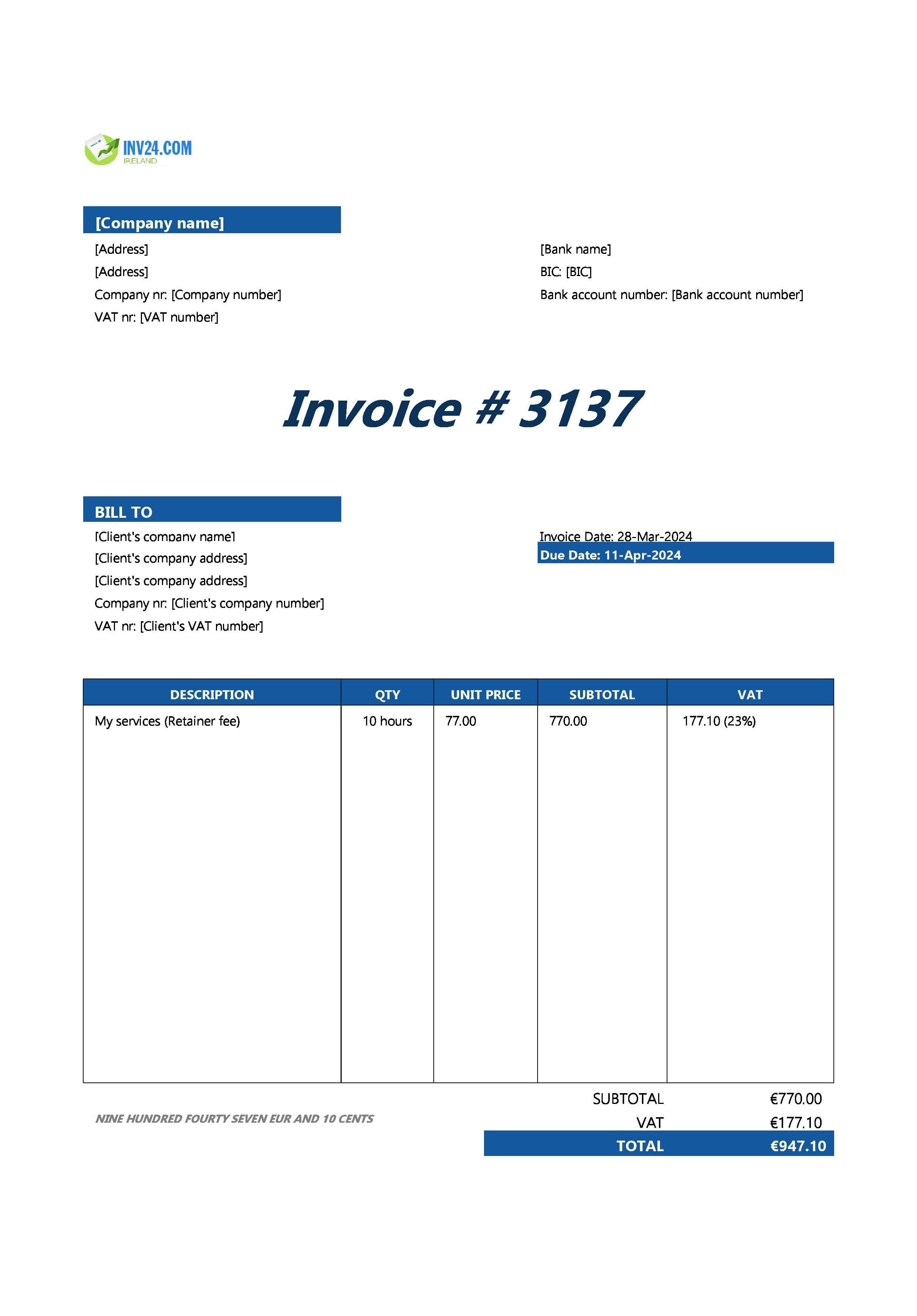 retainer invoice template Ireland