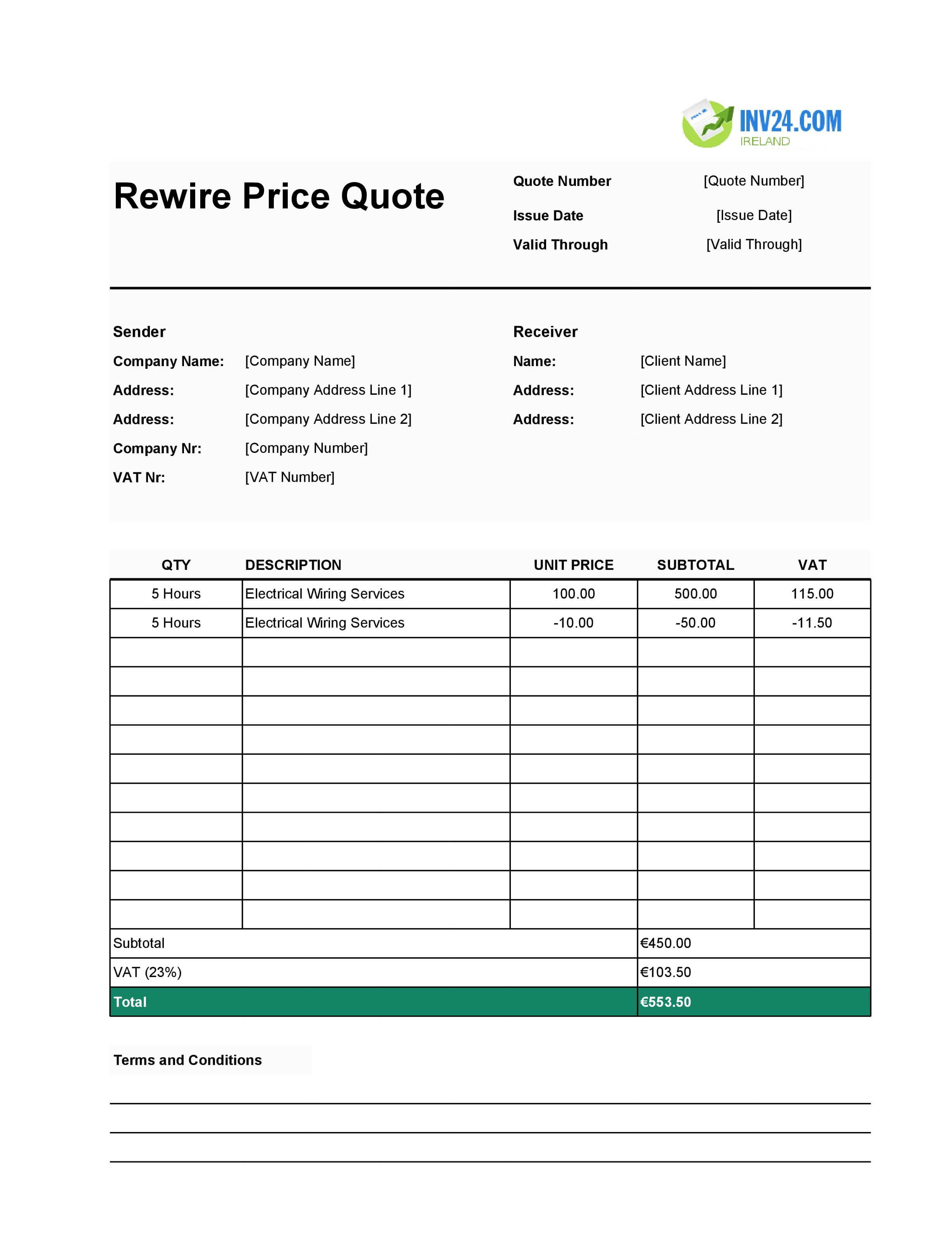 Rewire Quote Template for Ireland (Excel / Google Sheets)