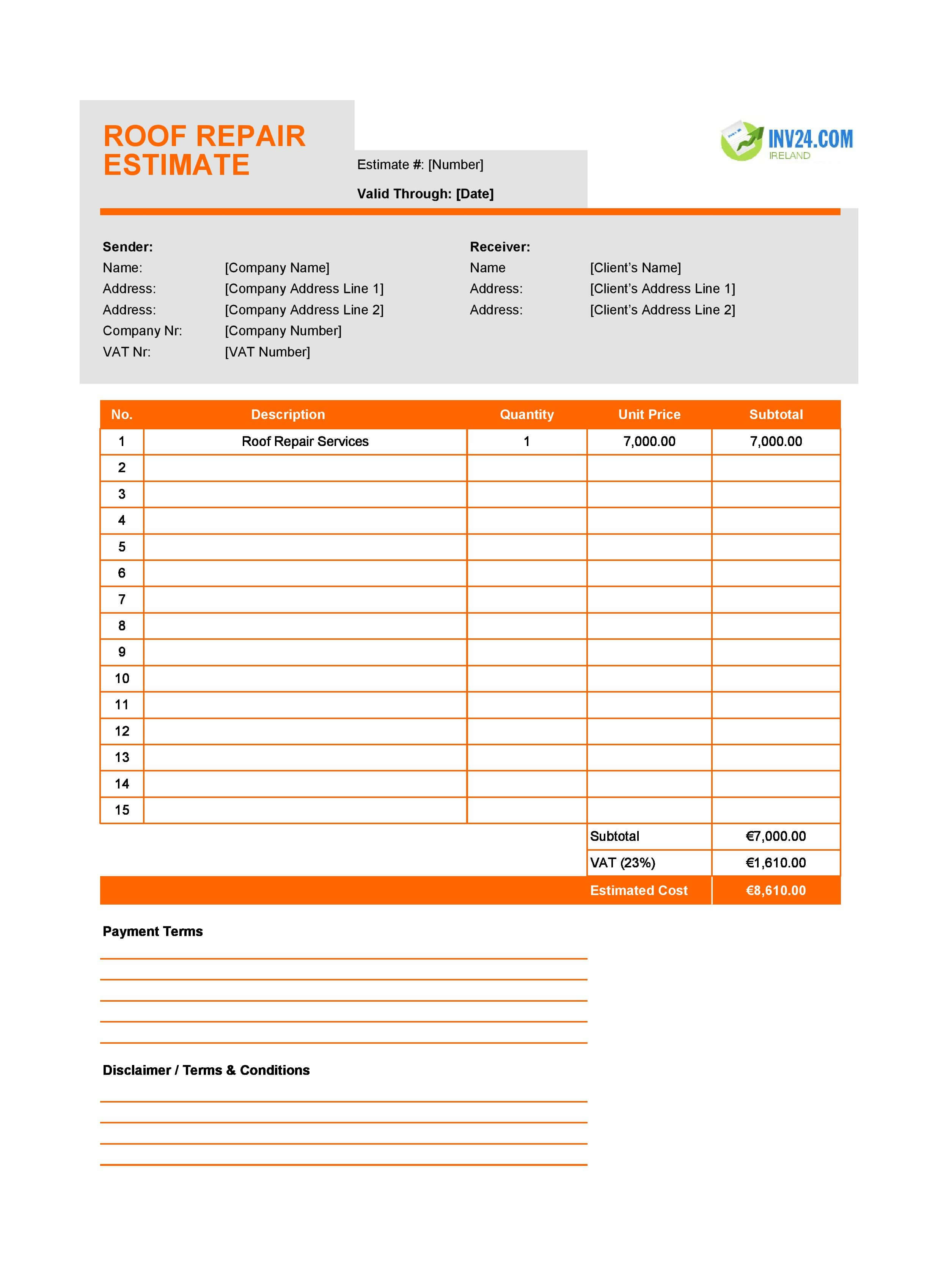 Roof Repair Estimate Template for Ireland (Excel / Google Sheets)