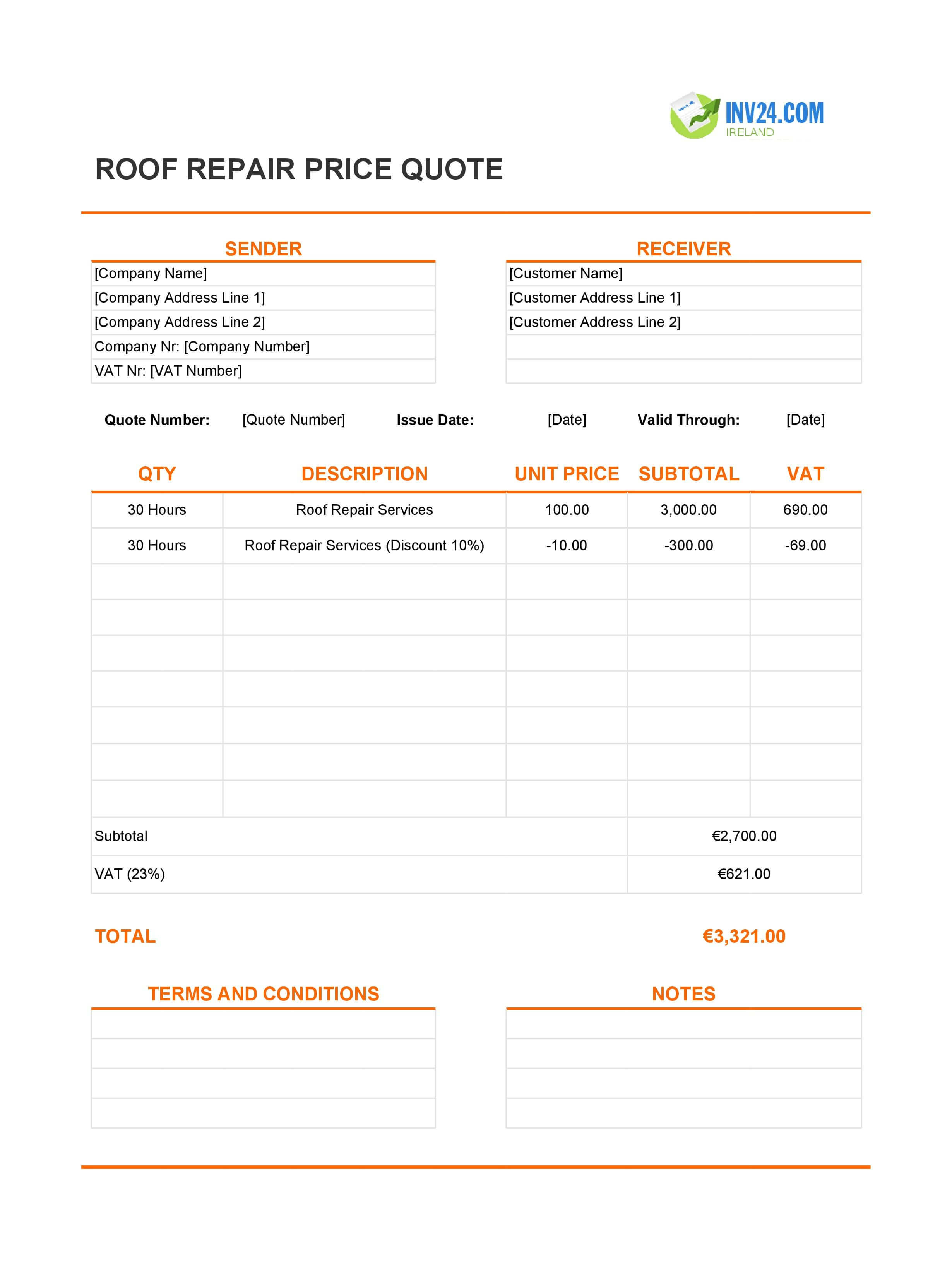 Roof Repair Quote Template for Ireland (Excel / Google Sheets)