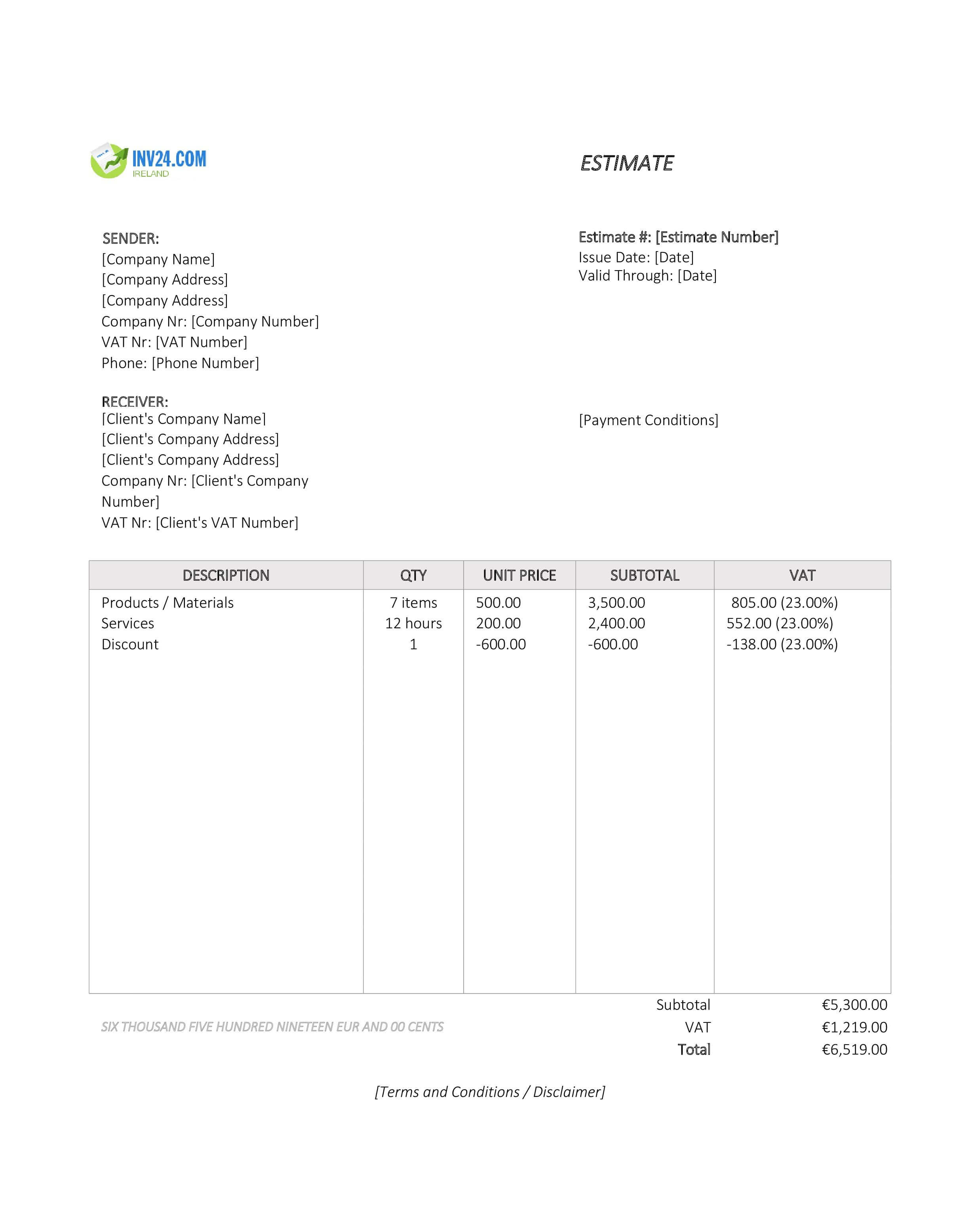 Sample Estimate Template for Ireland (Excel / Google Sheets)