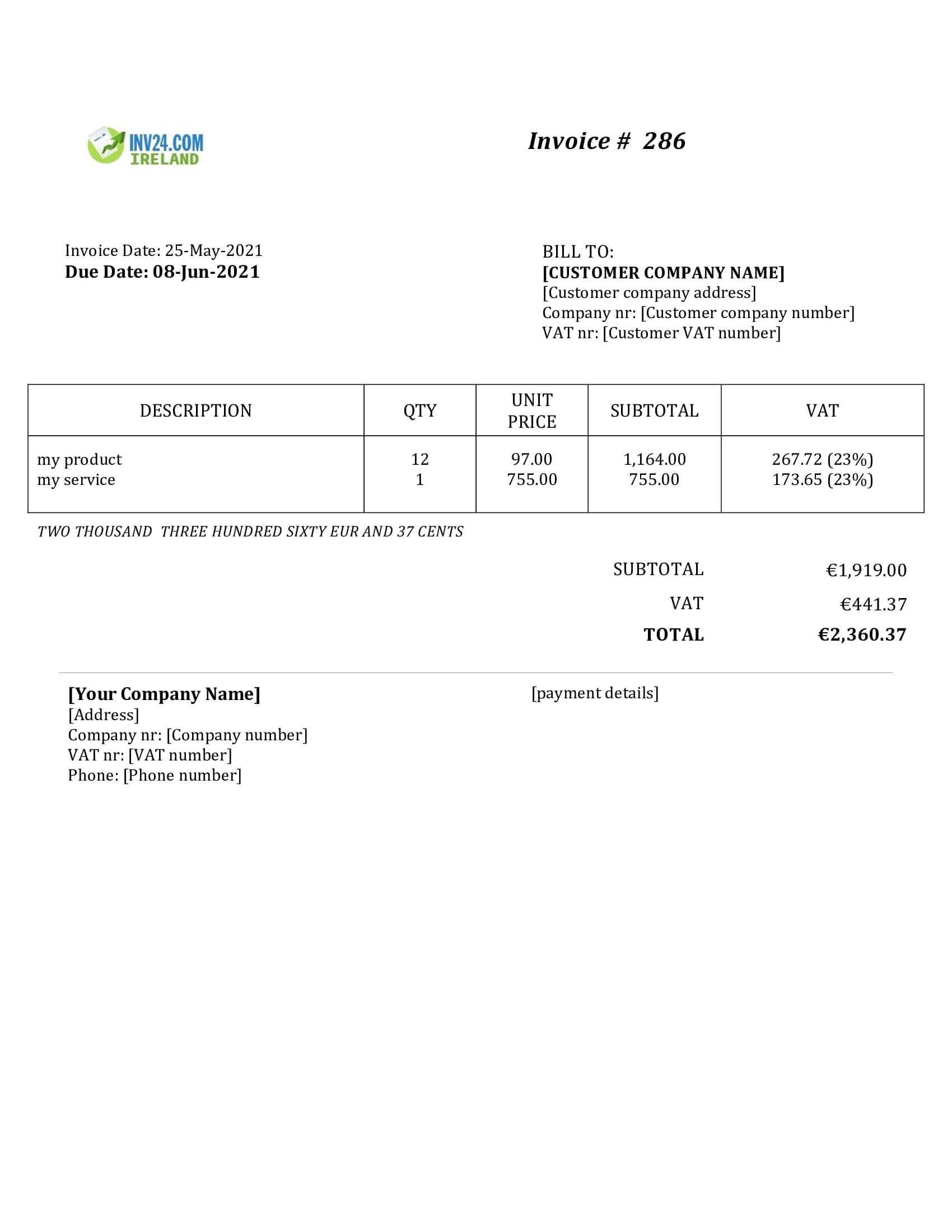 Sample Invoice Ireland (Word / Google Docs) Sample Invoice Ireland (Word / Google Docs)