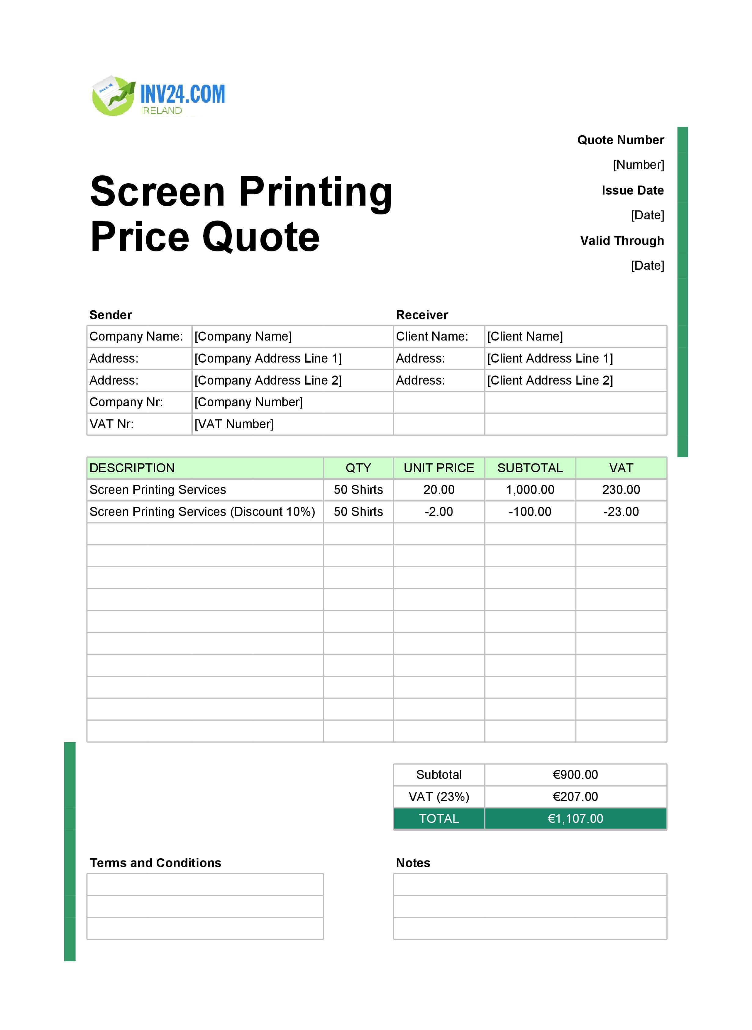 Screen Printing Quote Template for Ireland (Excel / Google Sheets)