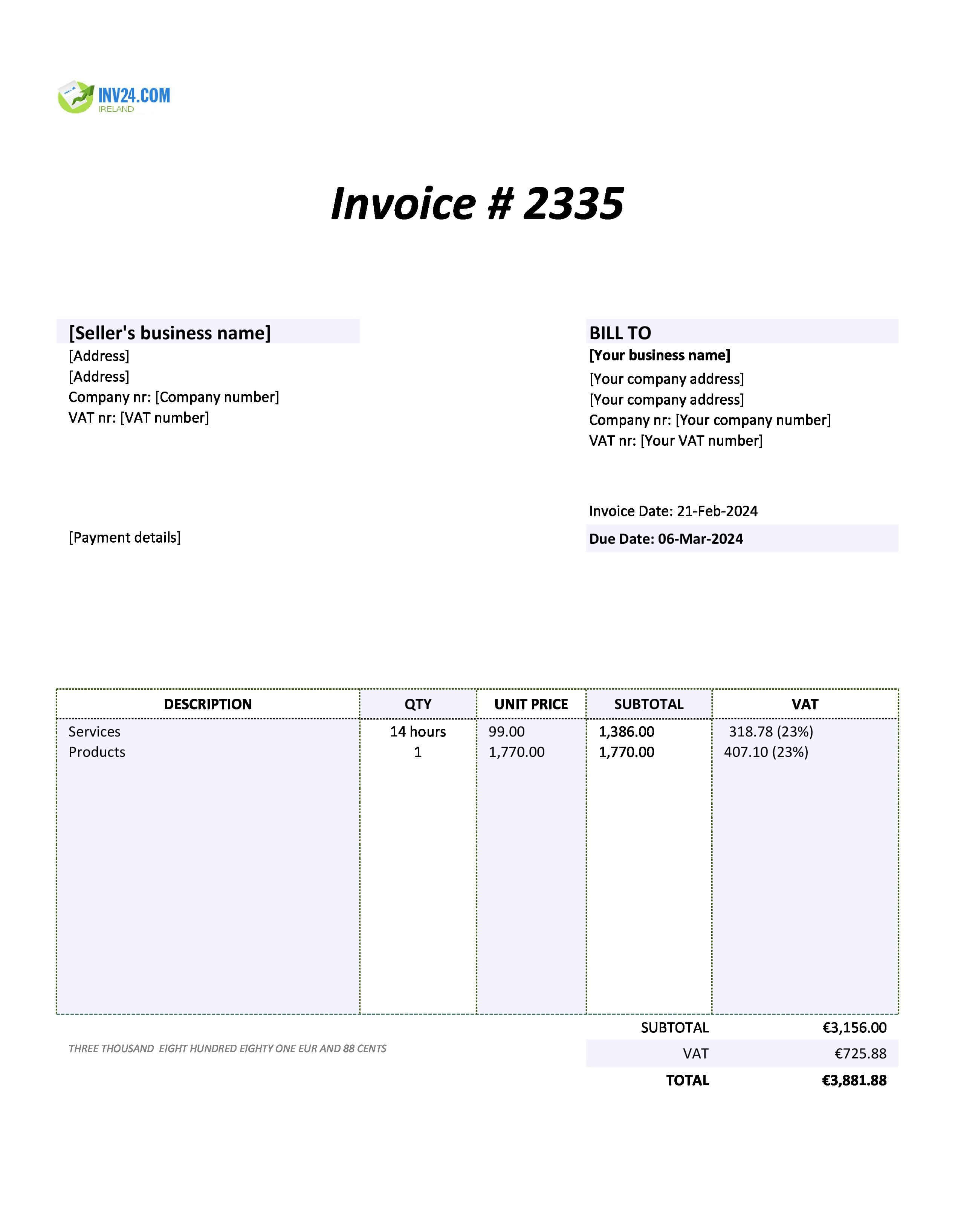 self-billing invoice template Ireland