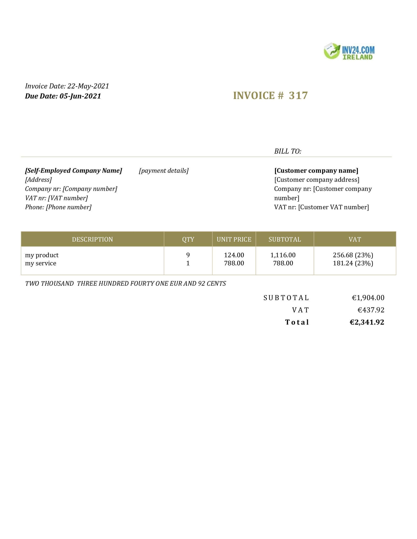 self employed invoice template ireland