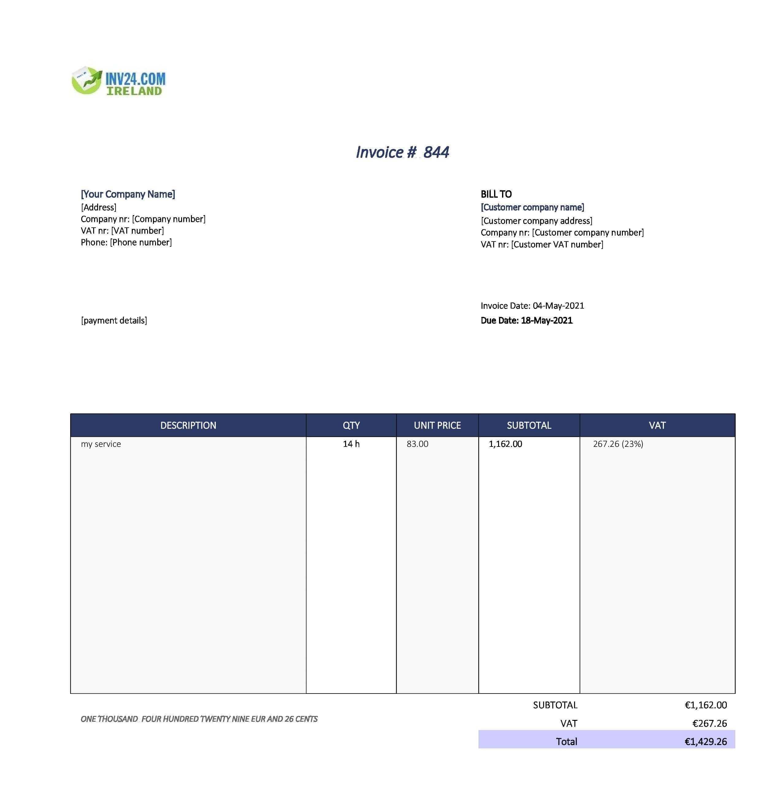 service invoice template ireland