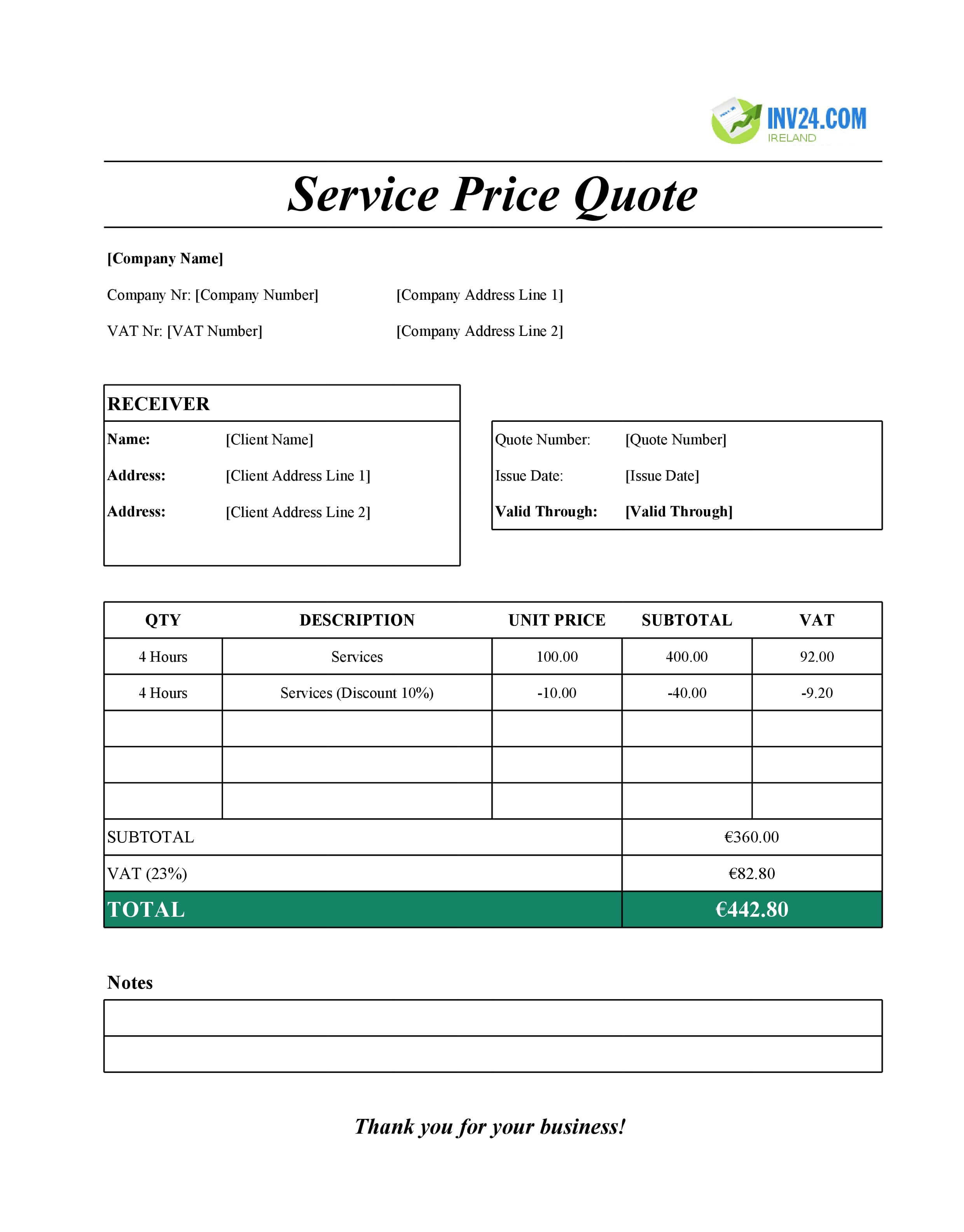 Service Quote Template Sheets for Ireland (Excel / Google Sheets)