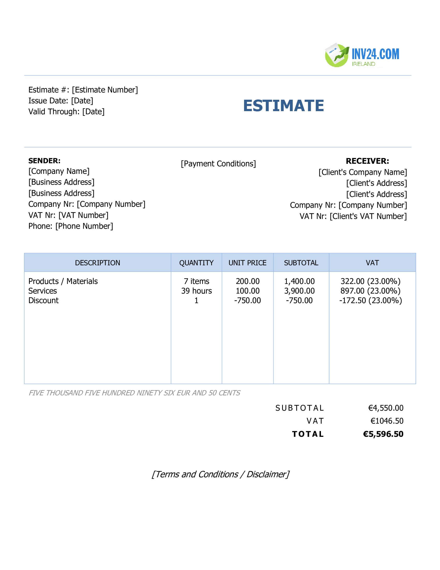 Simple Estimate Template for Ireland (Word / Google Docs)