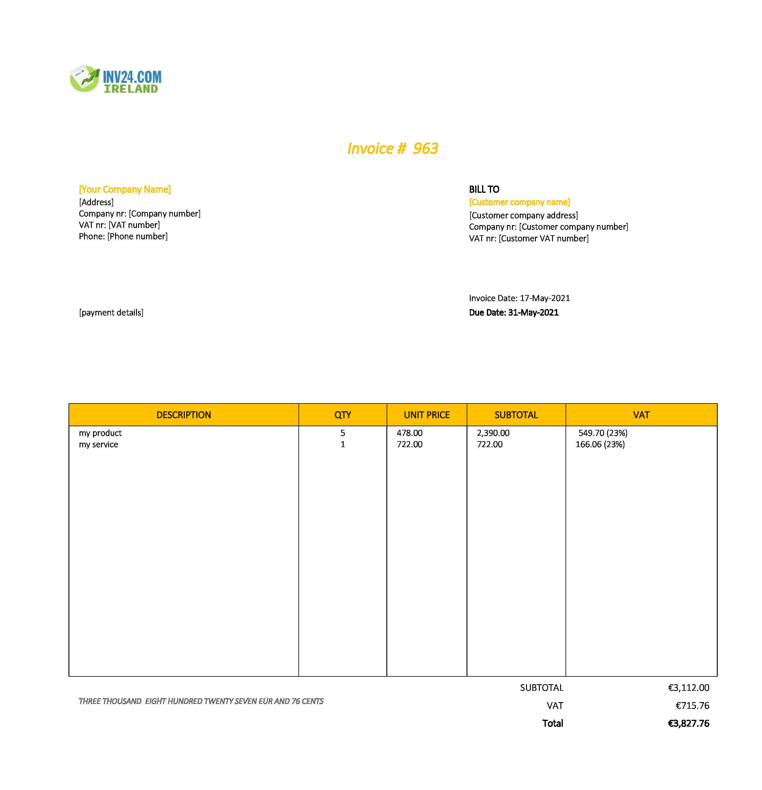 standard invoice template ireland