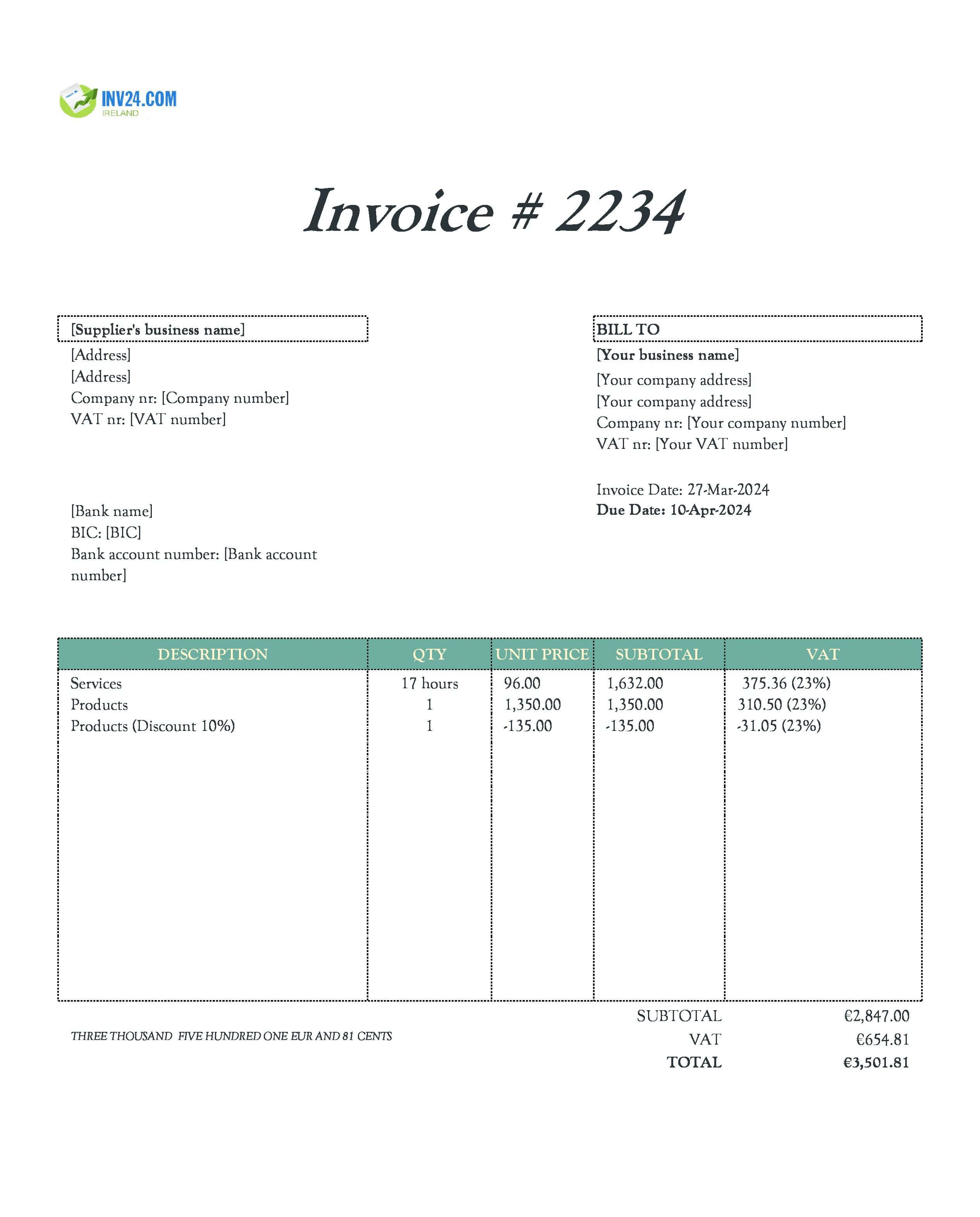 Supplier Invoice Template Ireland (Excel / Google Sheets) Supplier Invoice Template Ireland (Excel / Google Sheets)