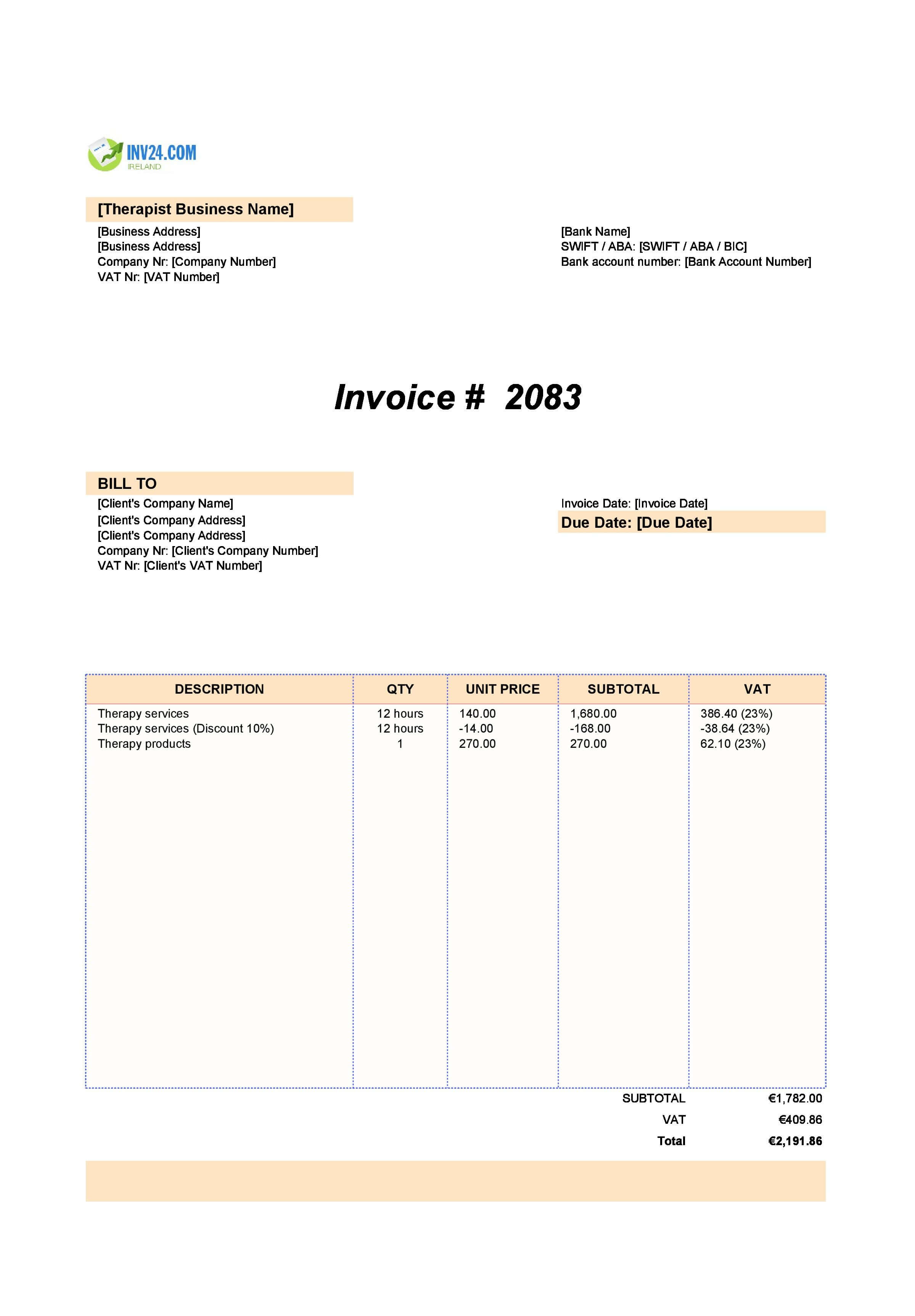 Therapist Invoice Template for Ireland (Excel / Google Sheets) Therapist Invoice Template for Ireland (Excel / Google Sheets)