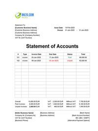 monthly statement of accounts template ireland