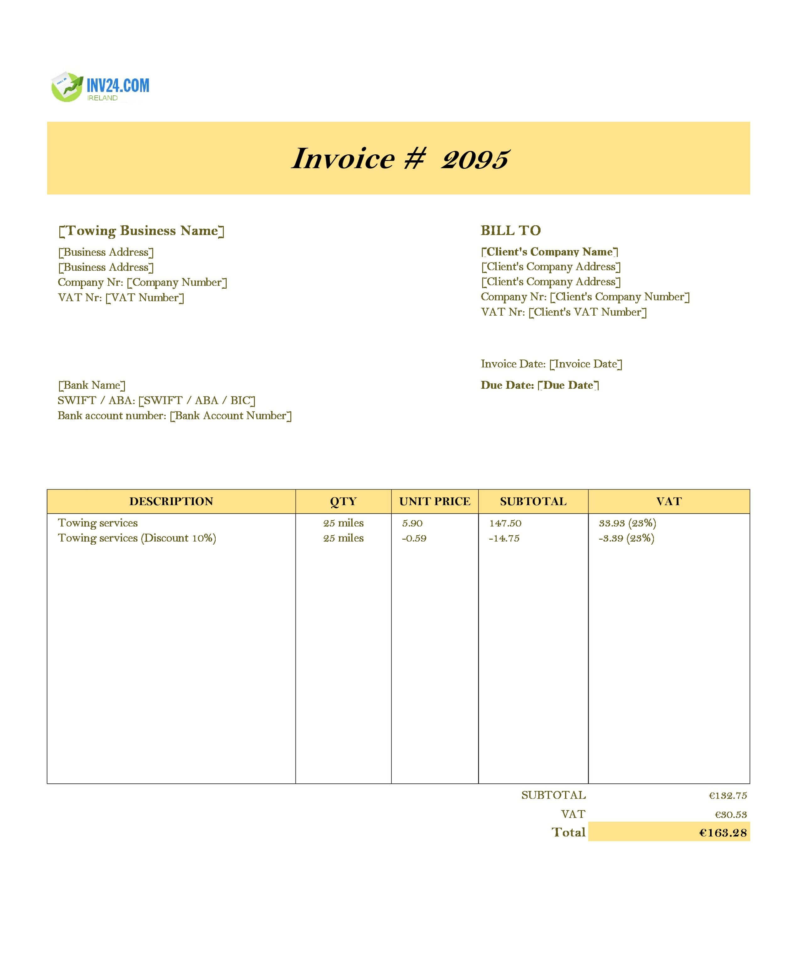 Towing Invoice Template for Ireland (Excel / Google Sheets) Towing Invoice Template for Ireland (Excel / Google Sheets)