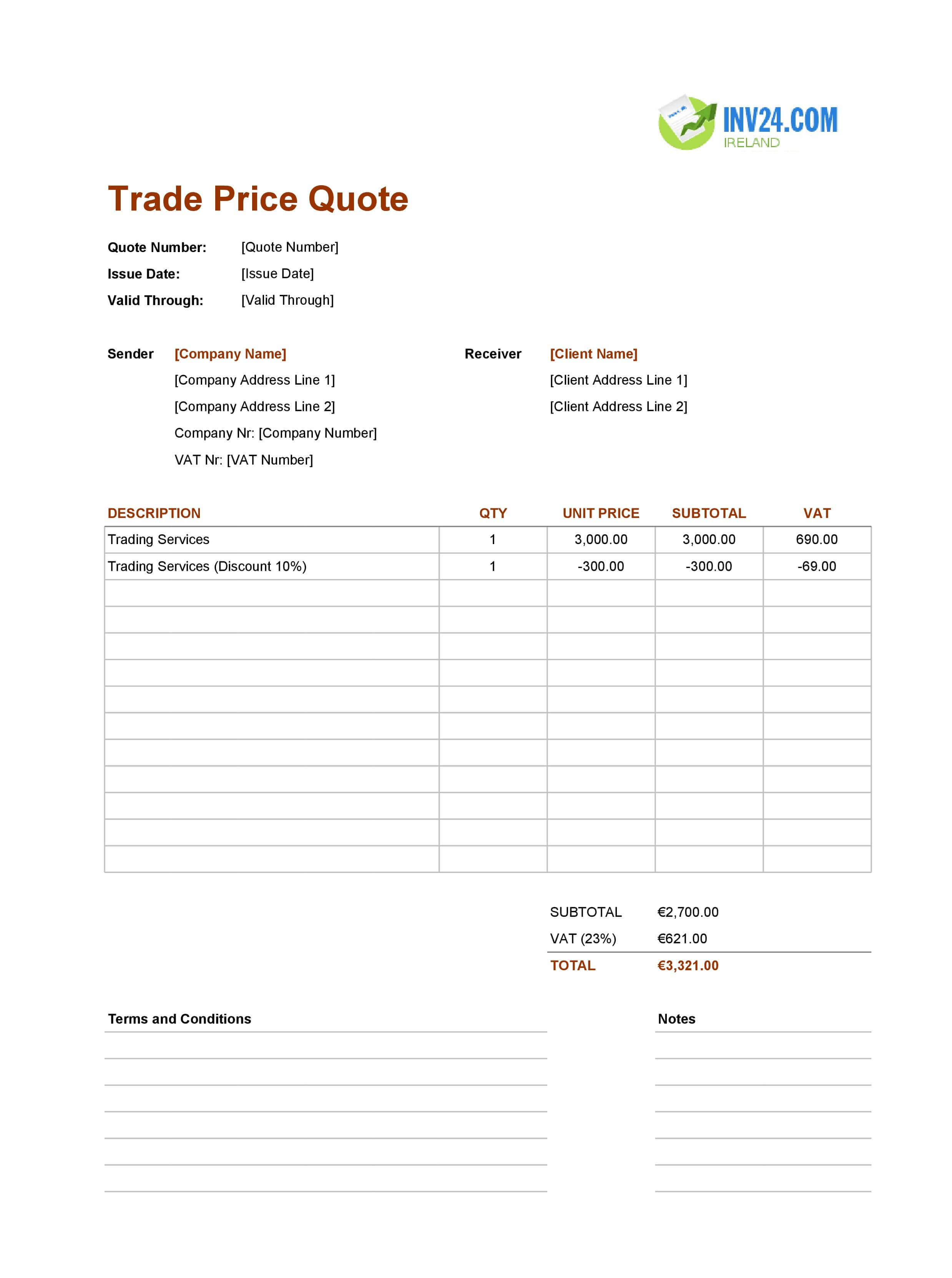 Trade Quote Template for Ireland (Excel / Google Sheets)