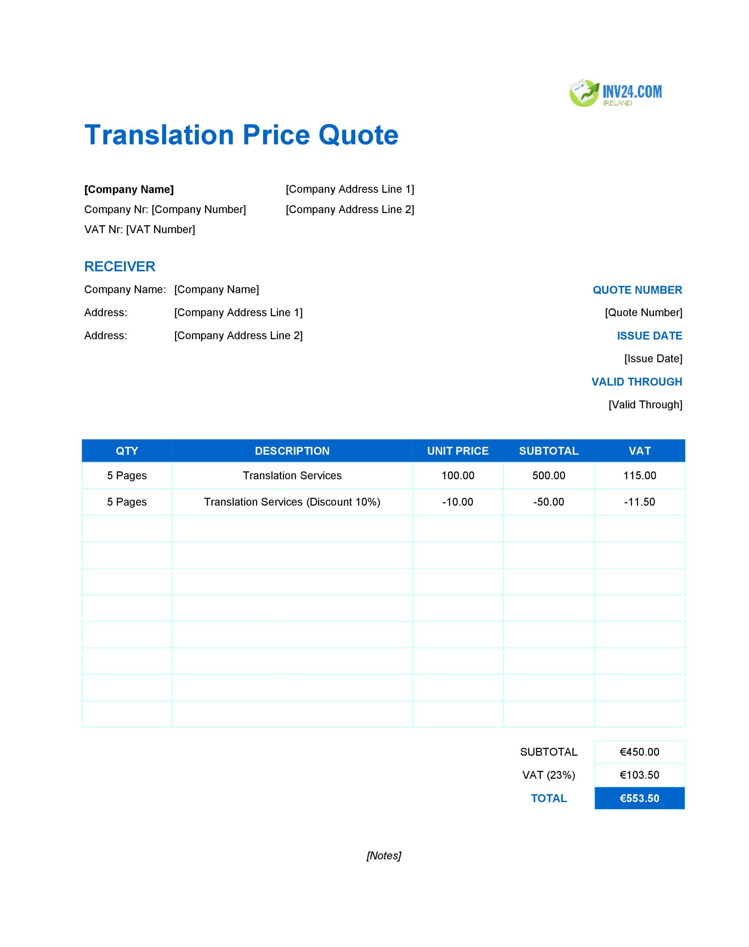 Translation Quote Template for Ireland (Excel / Google Sheets)