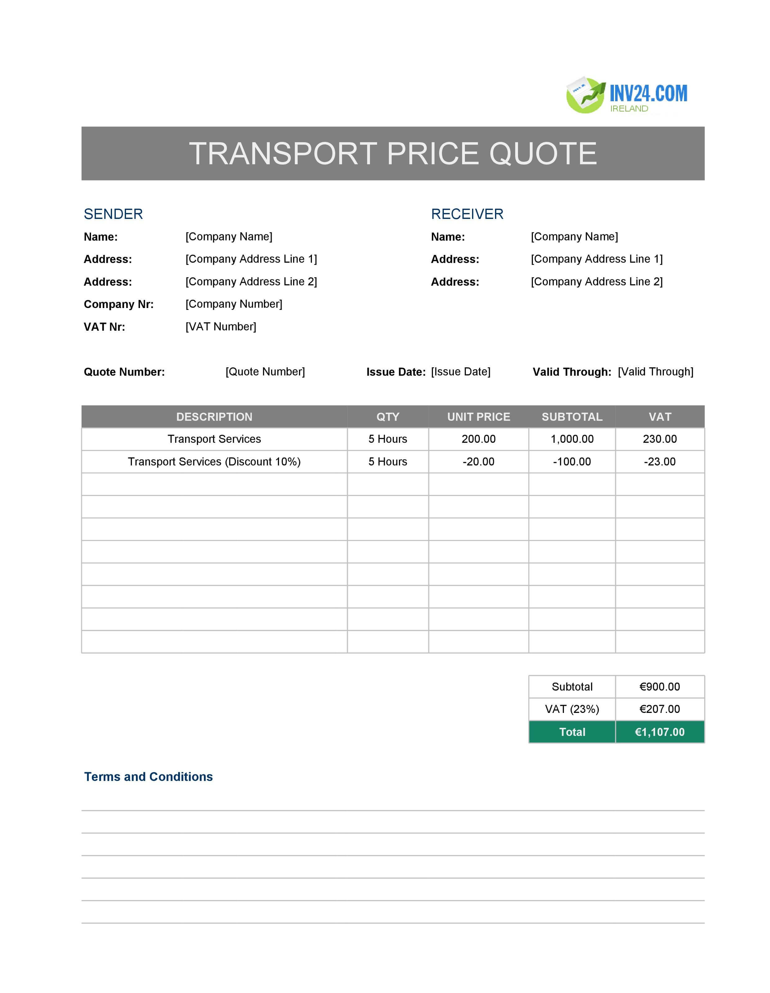 Transport Quote Template for Ireland (Excel / Google Sheets)