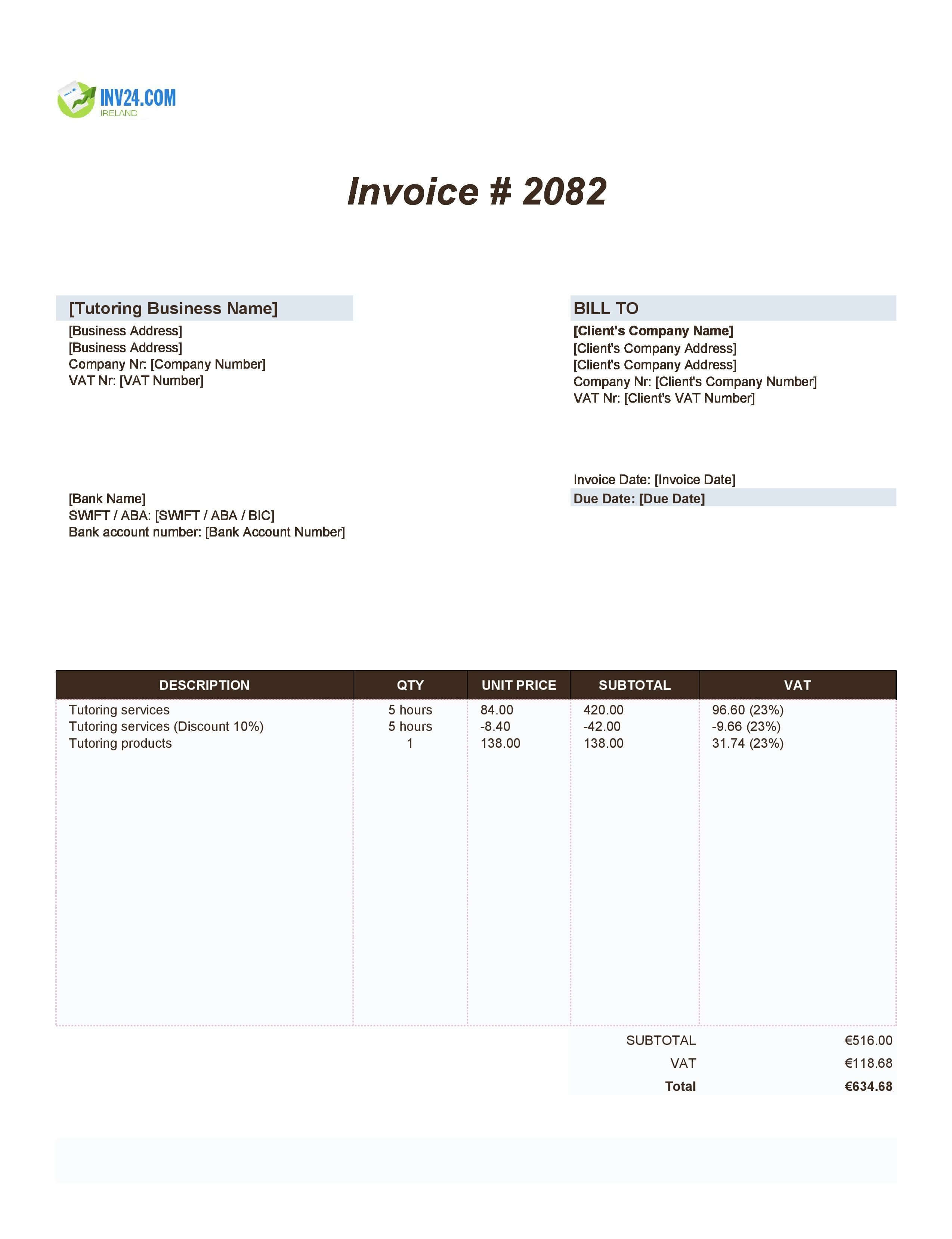Tutoring Invoice Template for Ireland (Excel / Google Sheets)