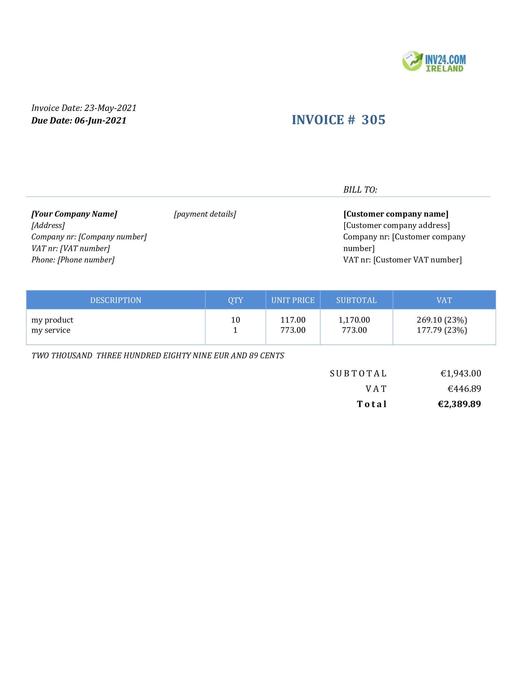 vat invoice template ireland