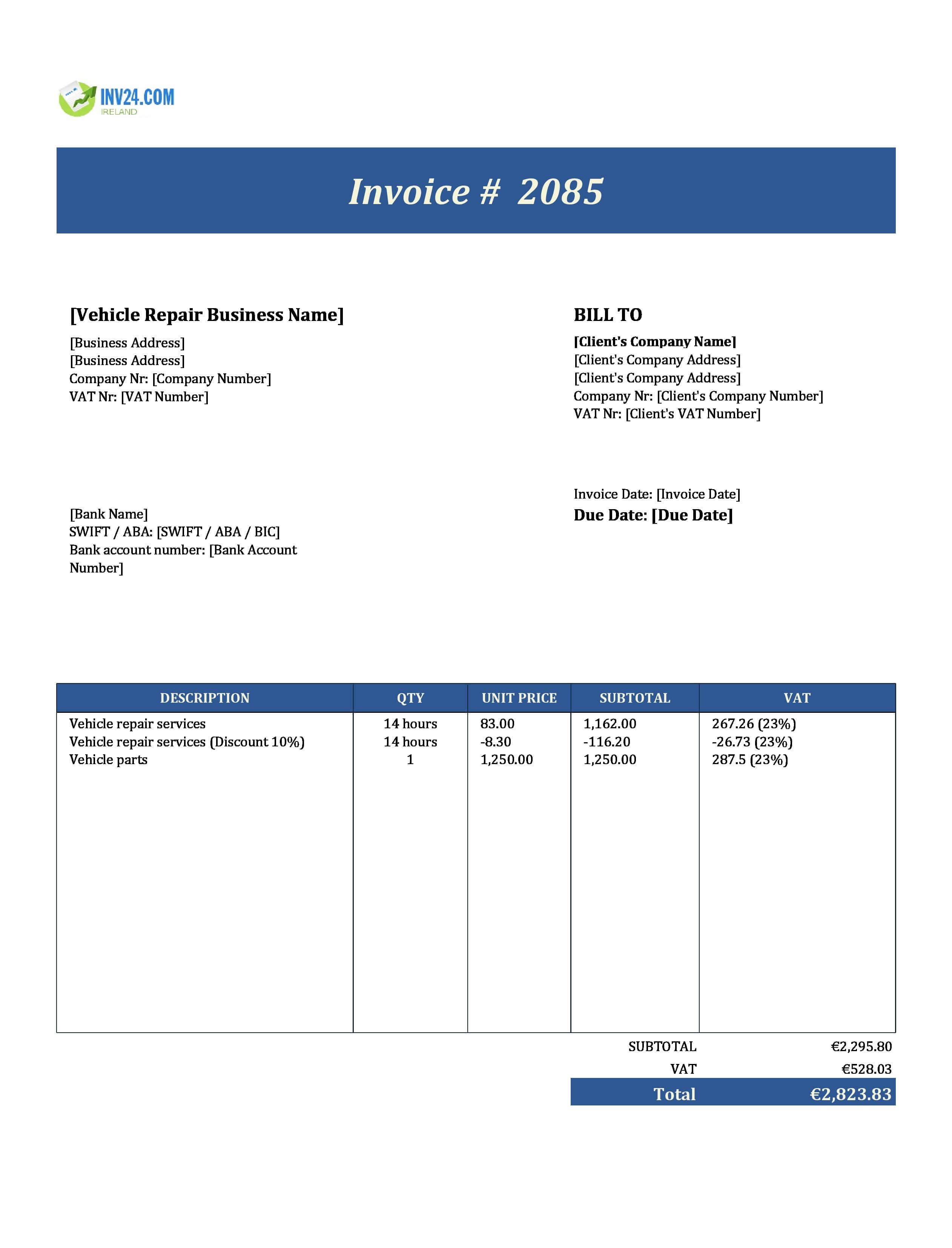 Vehicle Repair Invoice Template for Ireland (Excel / Google Sheets) Vehicle Repair Invoice Template for Ireland (Excel / Google Sheets)