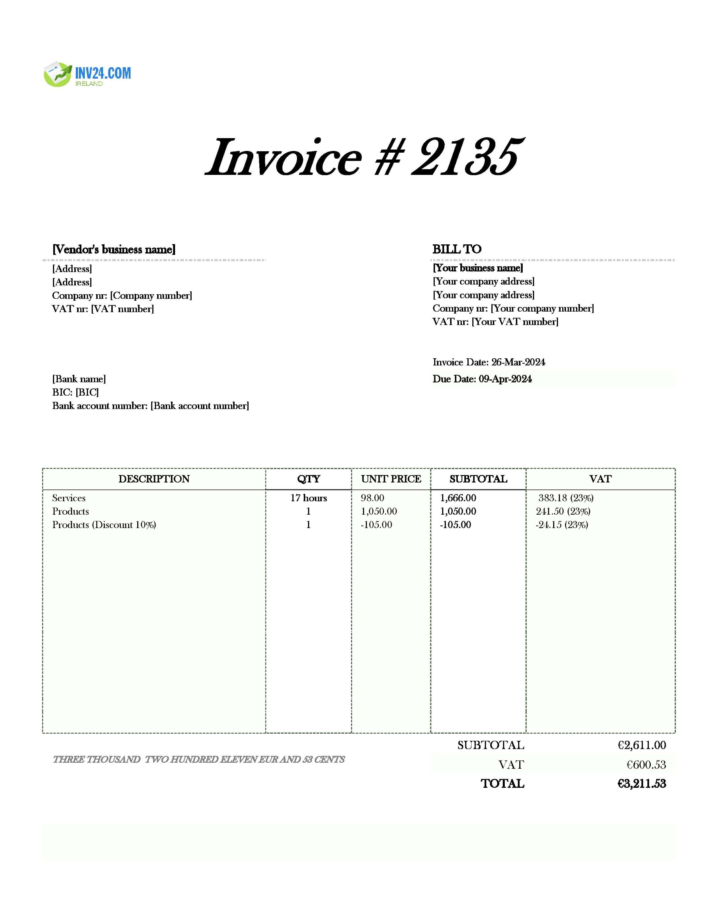 Vendor Invoice Template Ireland (Excel / Google Sheets) Vendor Invoice Template Ireland (Excel / Google Sheets)