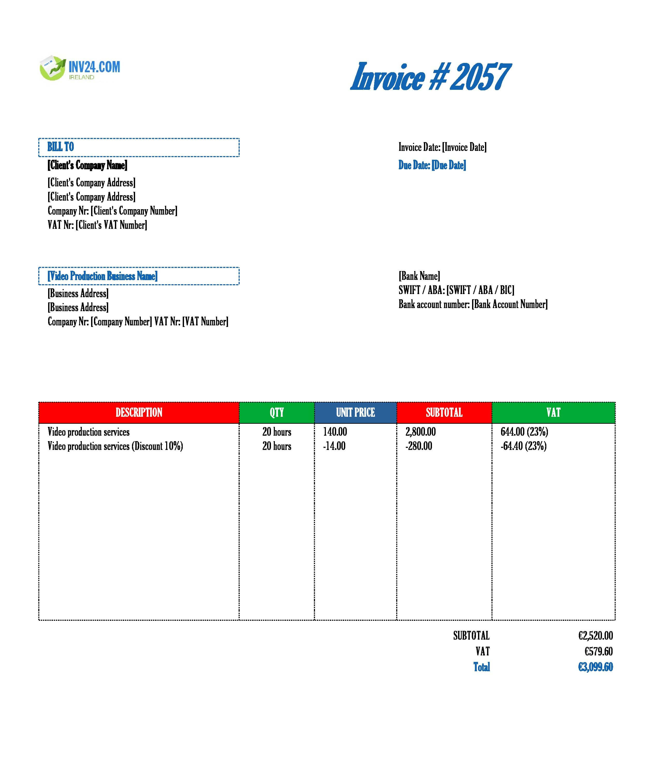 Video Production Invoice Template for Ireland (Excel / Google Sheets)