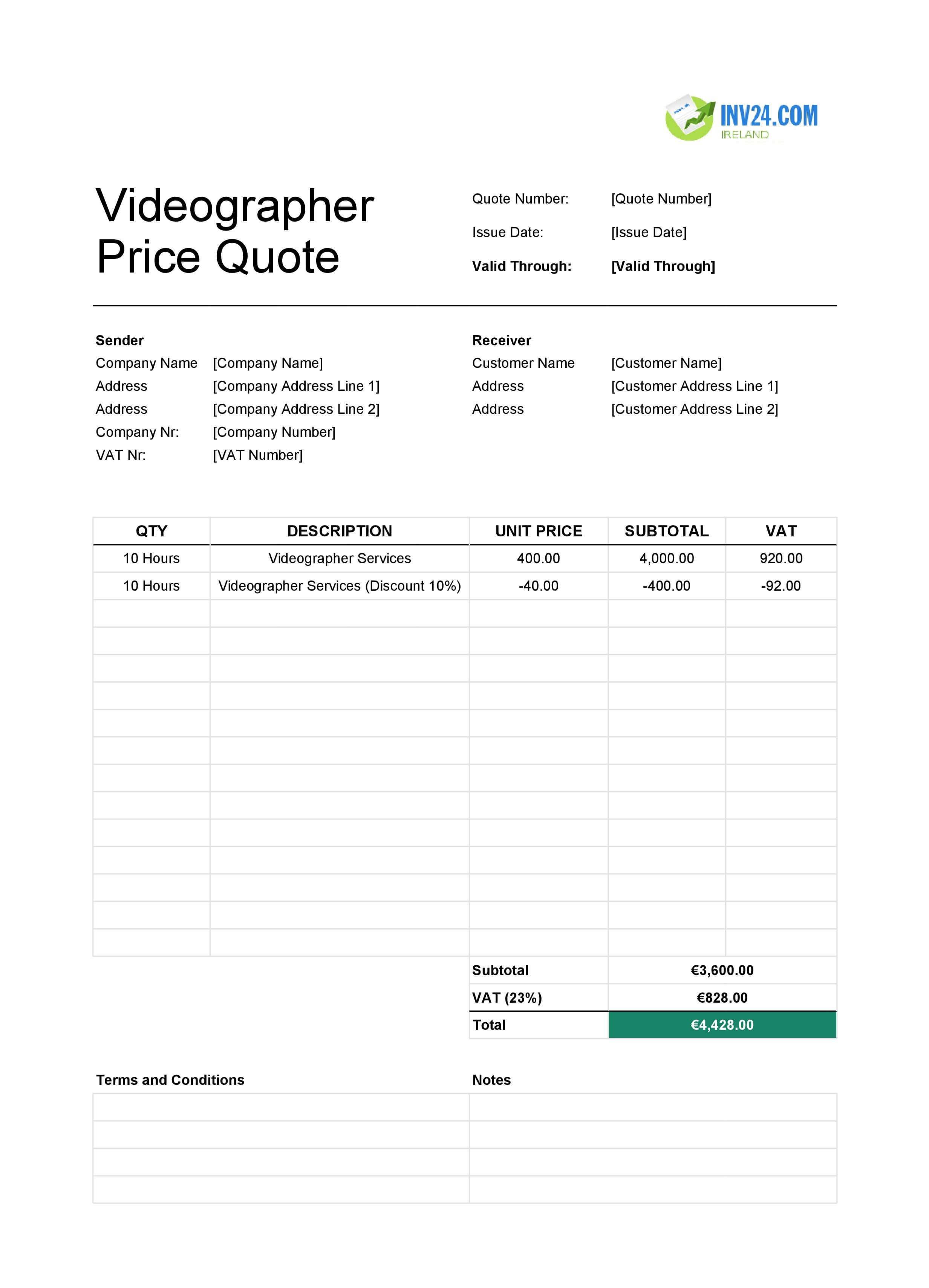 Videographer Quote Template for Ireland (Excel / Google Sheets)
