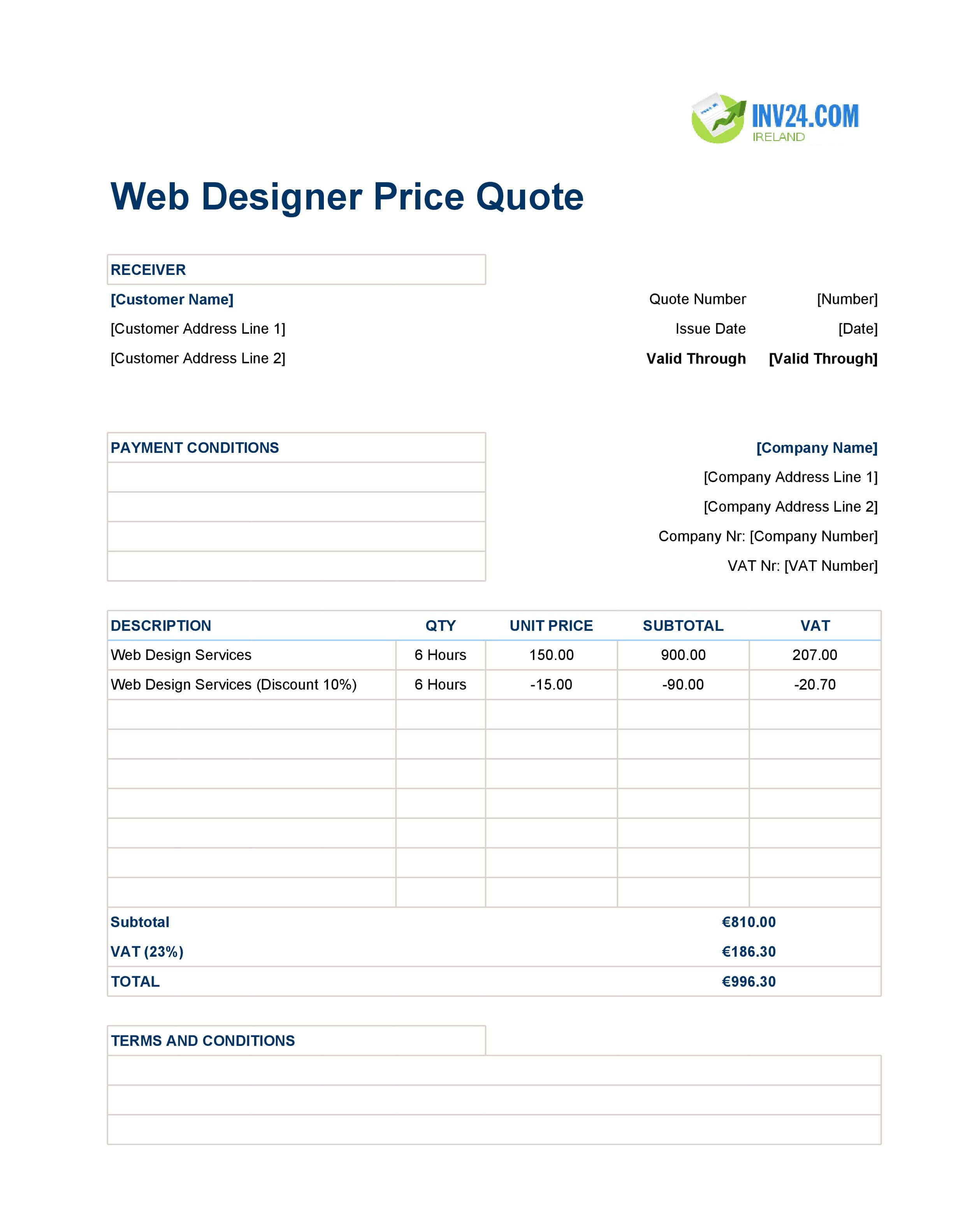 Web Designer Quote Template for Ireland (Excel / Google Sheets)