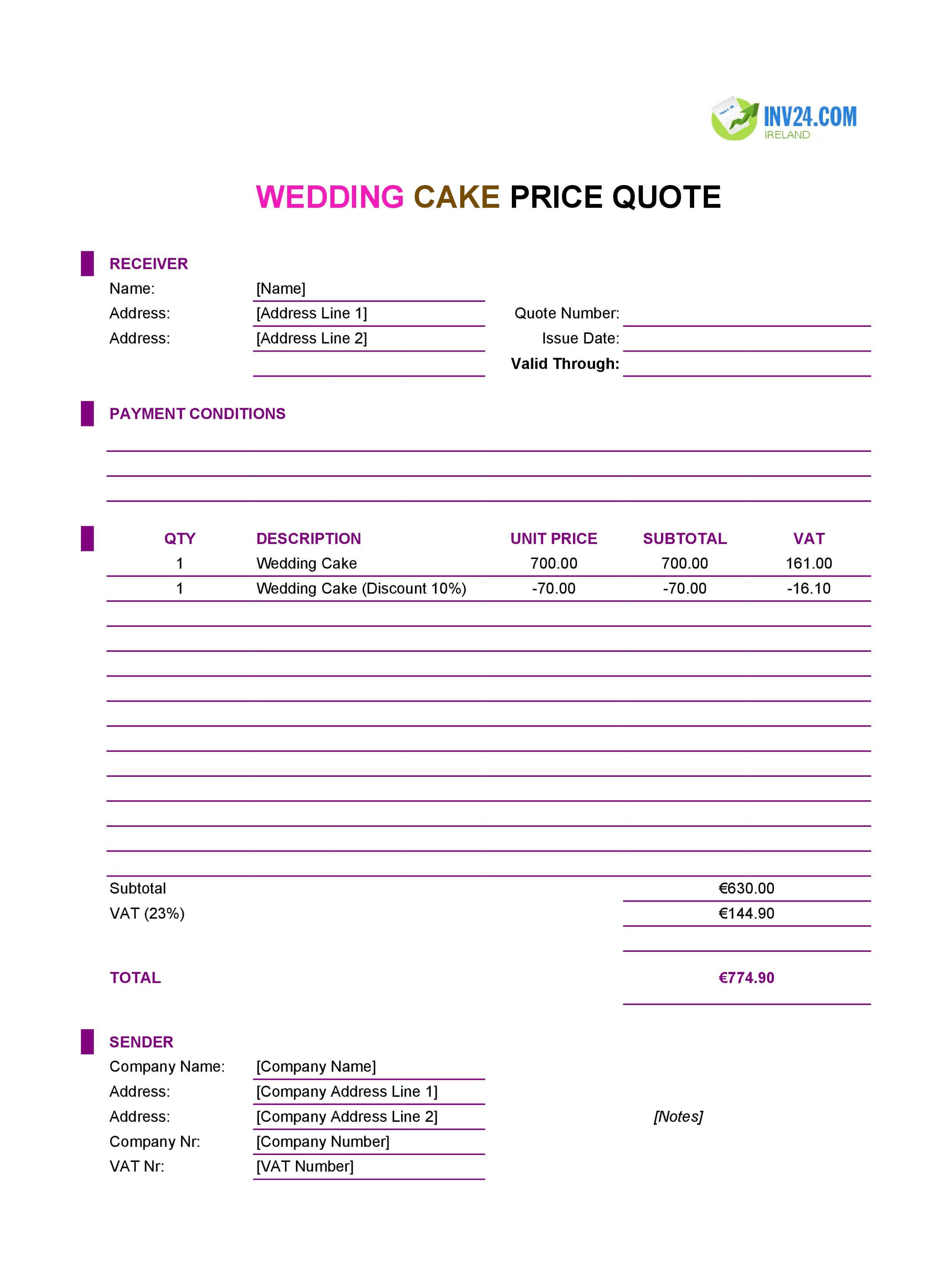 Wedding Cake Quote Template for Ireland (Excel / Google Sheets)