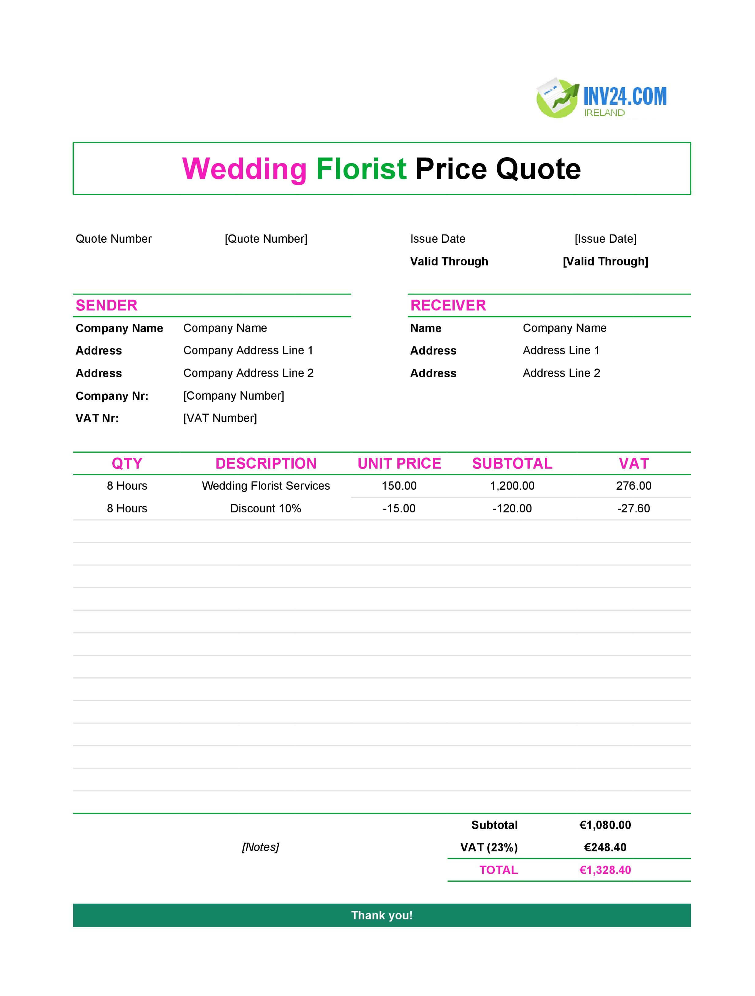 Wedding Florist Quote Template for Ireland (Excel / Google Sheets)