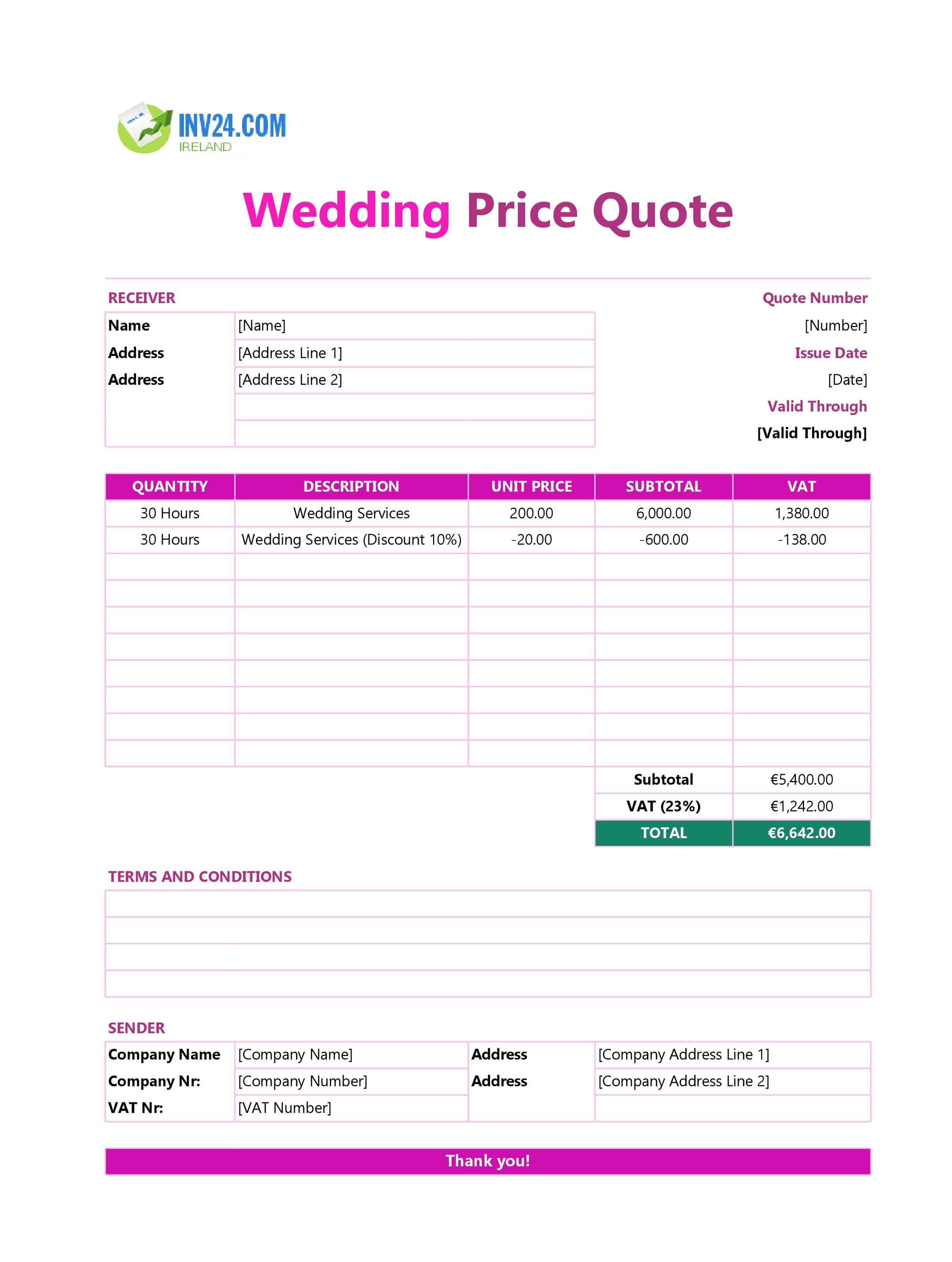 Wedding Quote Template for Ireland (Excel / Google Sheets)