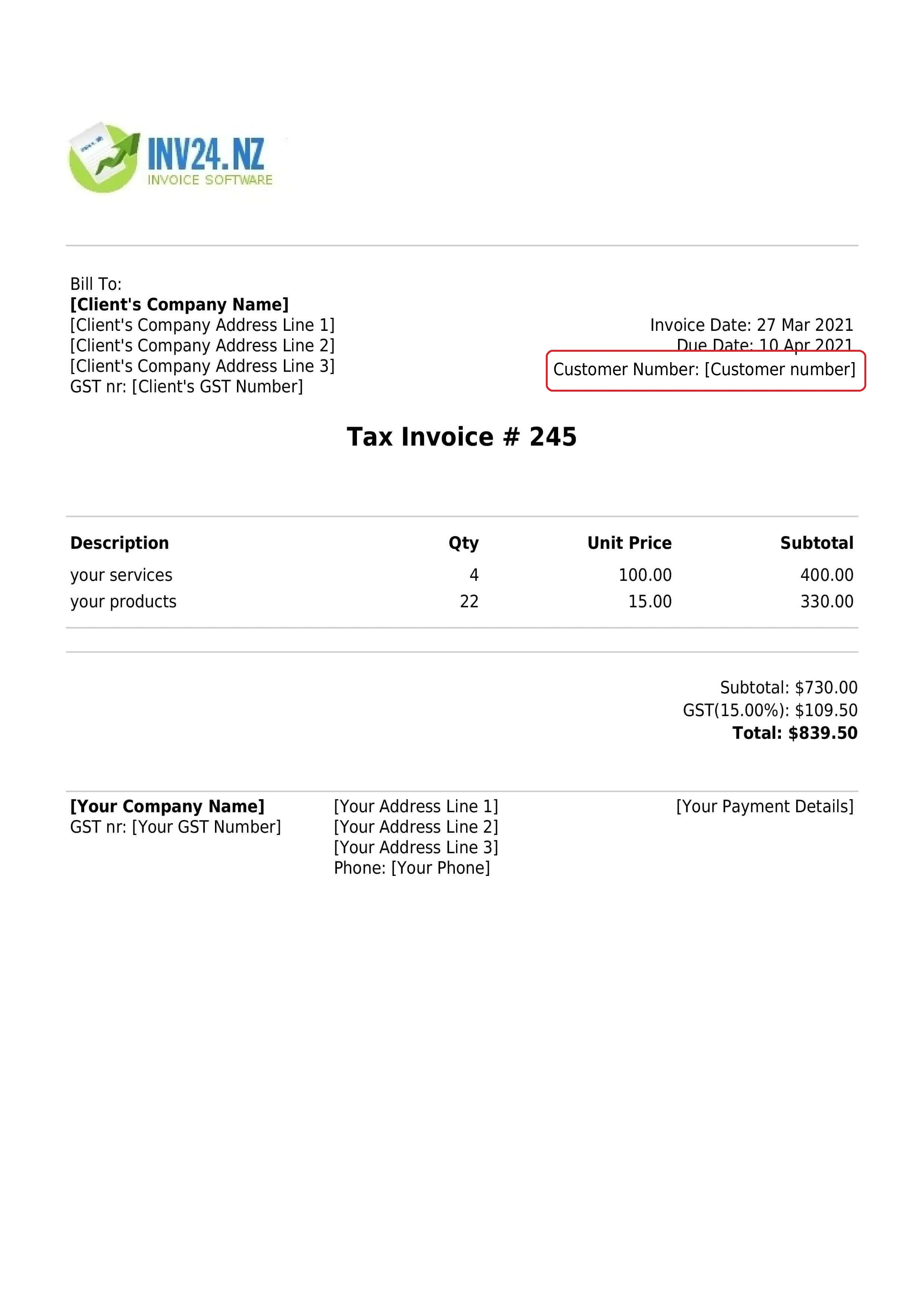 Customer number on the invoice