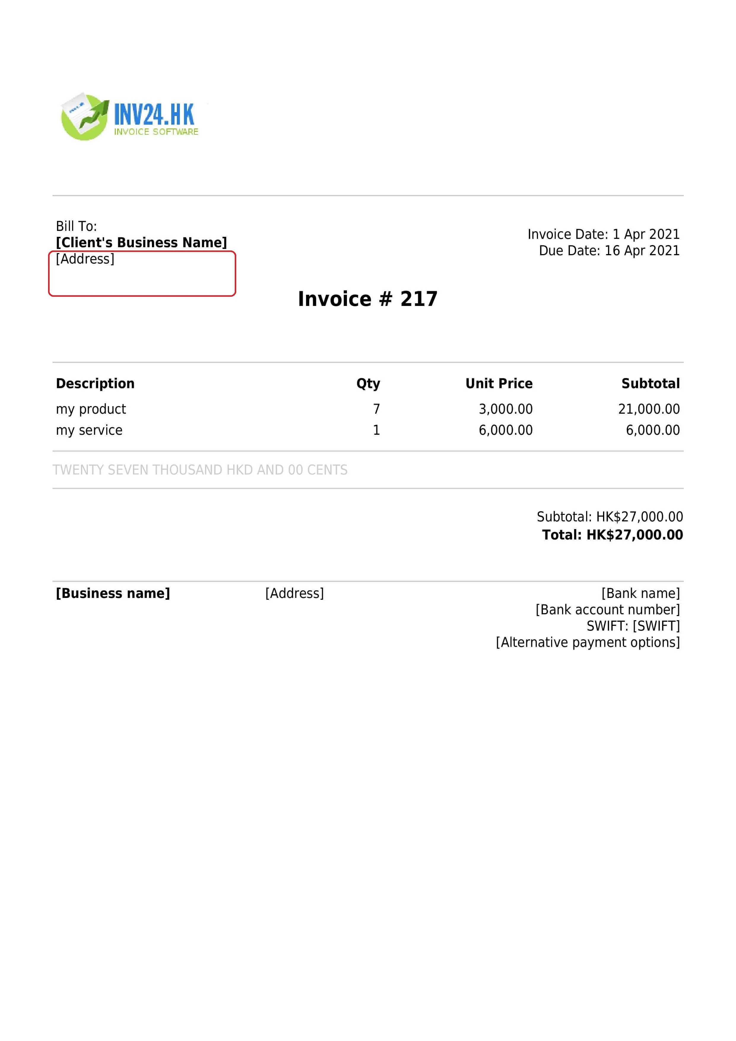 invoice customer's business address