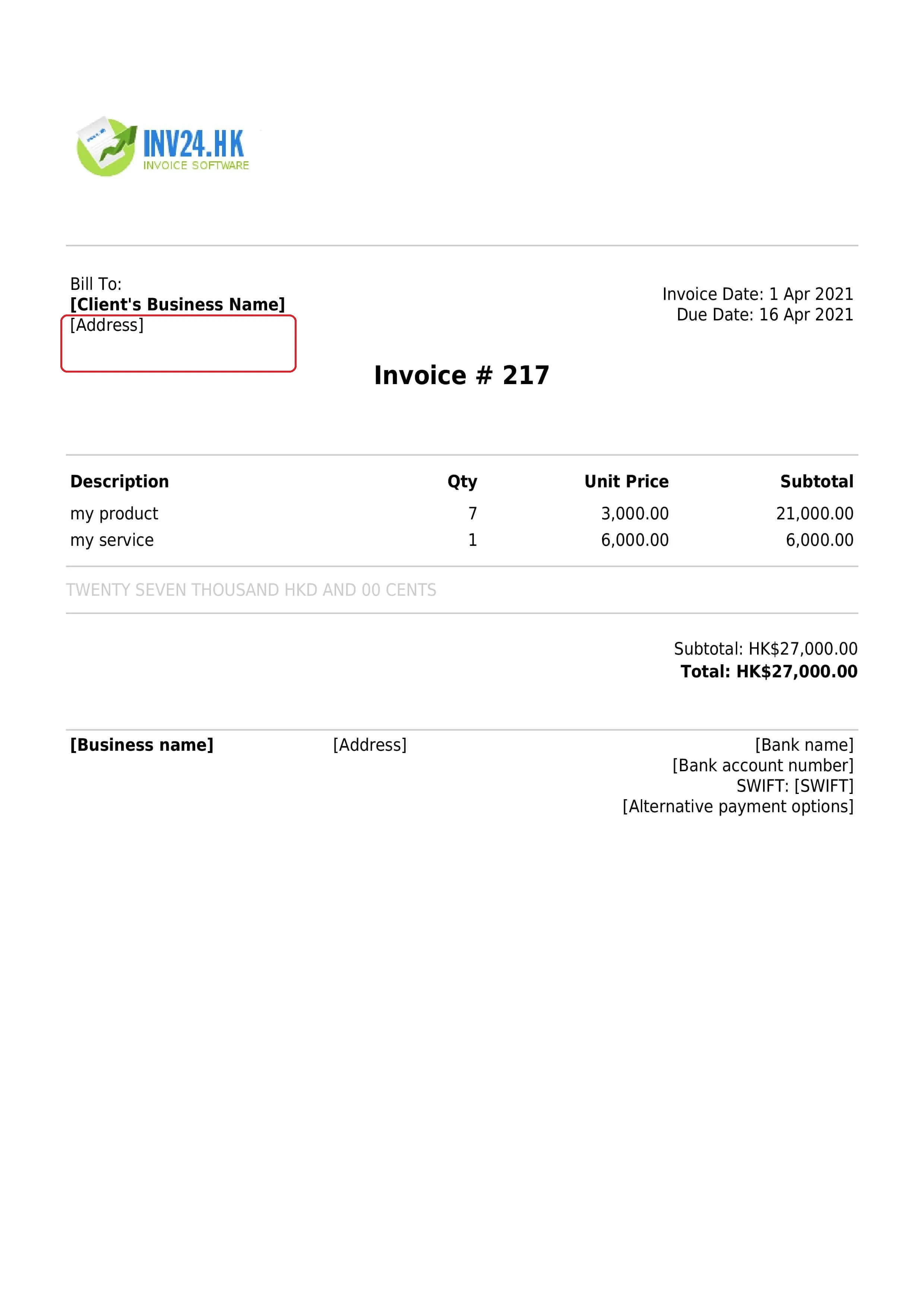 shipping address on the invoice