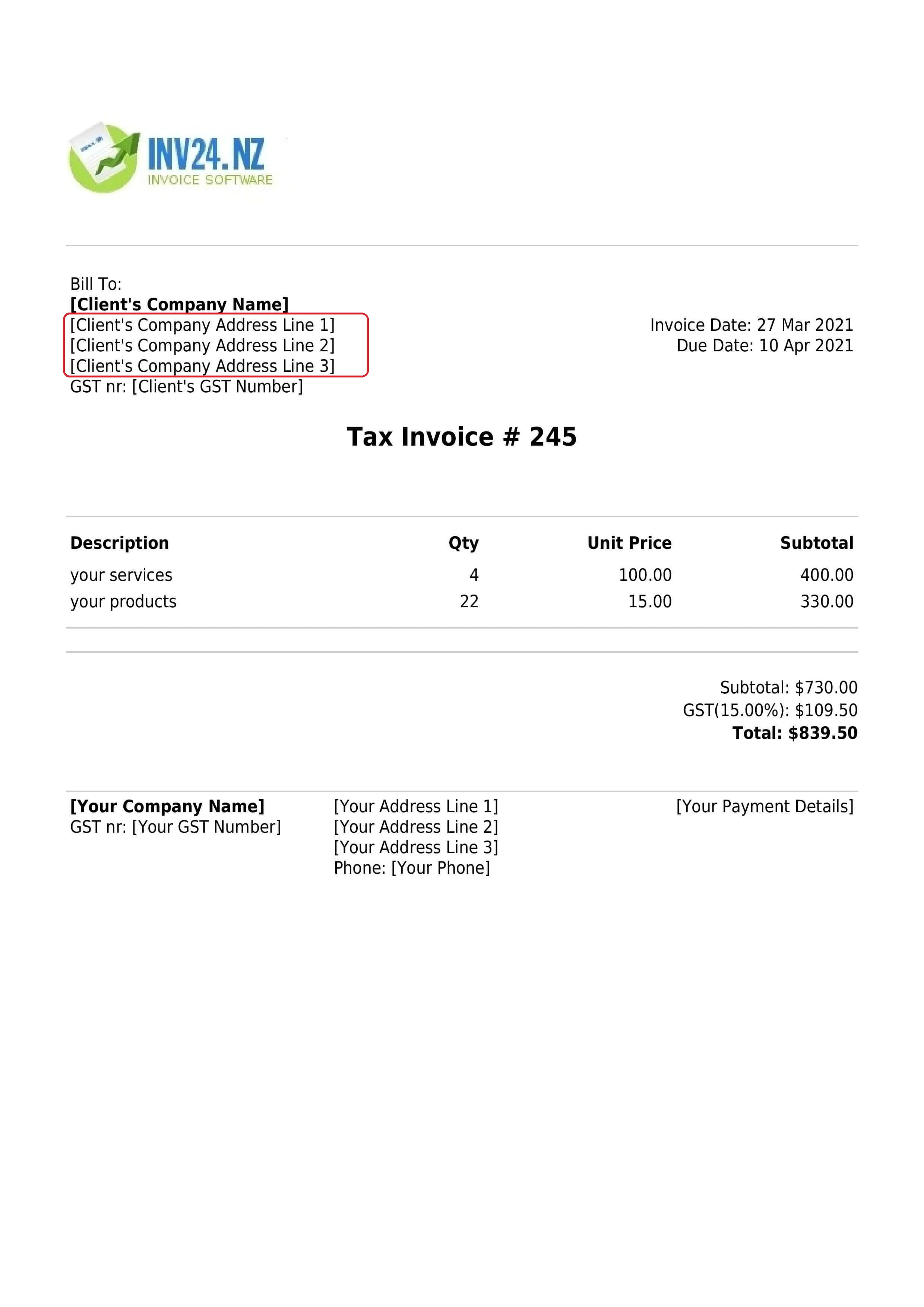 shipping address on the invoice